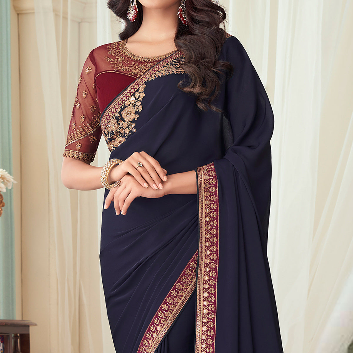 Navy Blue Floral Sequin Embroidered Crepe Saree
