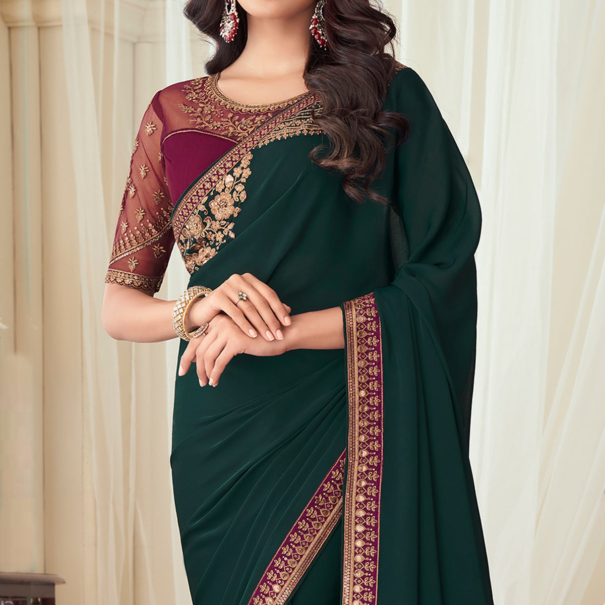Bottle Green Floral Sequin Embroidered Crepe Saree