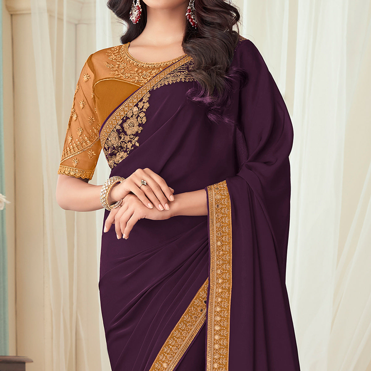 Wine Floral Sequin Embroidered Crepe Saree