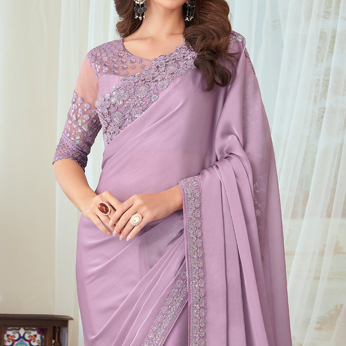 Lavender Floral Sequin Embroidered Satin Saree