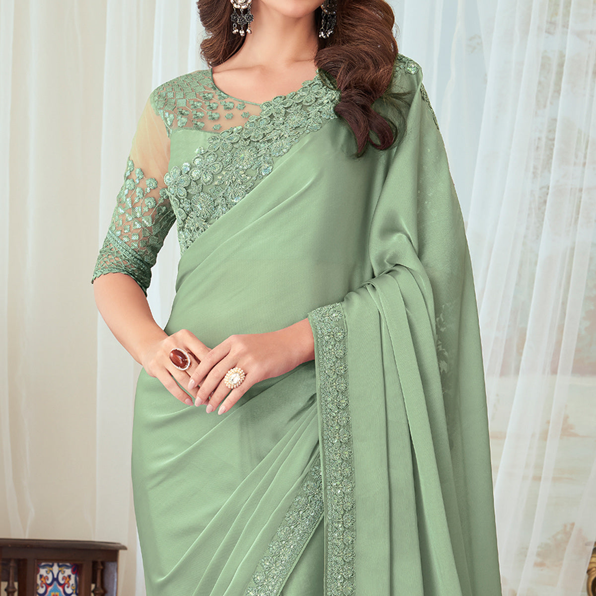 Pista Green Floral Sequin Embroidered Satin Saree