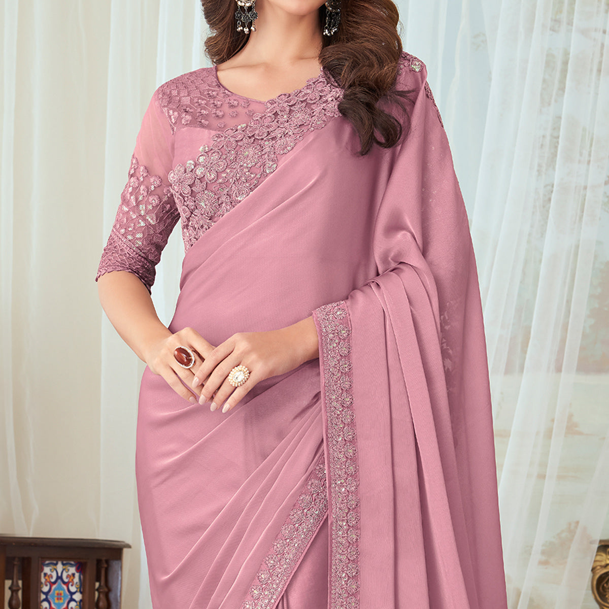 Pink Floral Sequin Embroidered Satin Saree