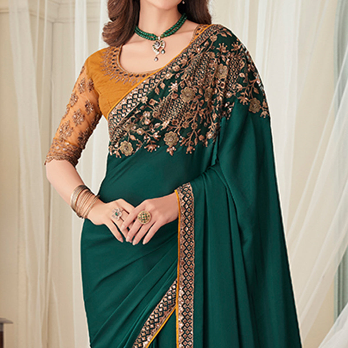 Green Floral Sequin Embroidered Crepe Saree