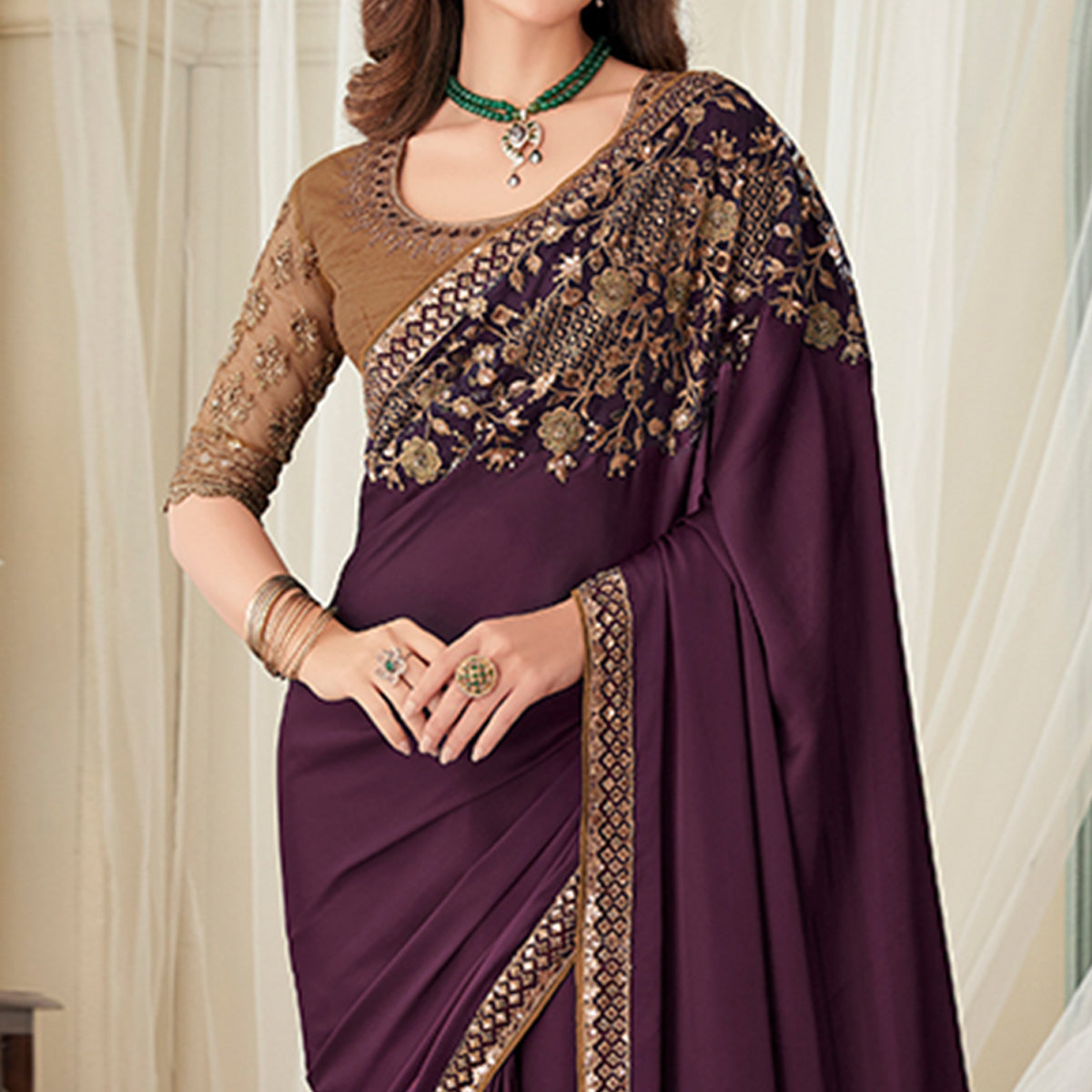 Wine Floral Sequin Embroidered Crepe Saree