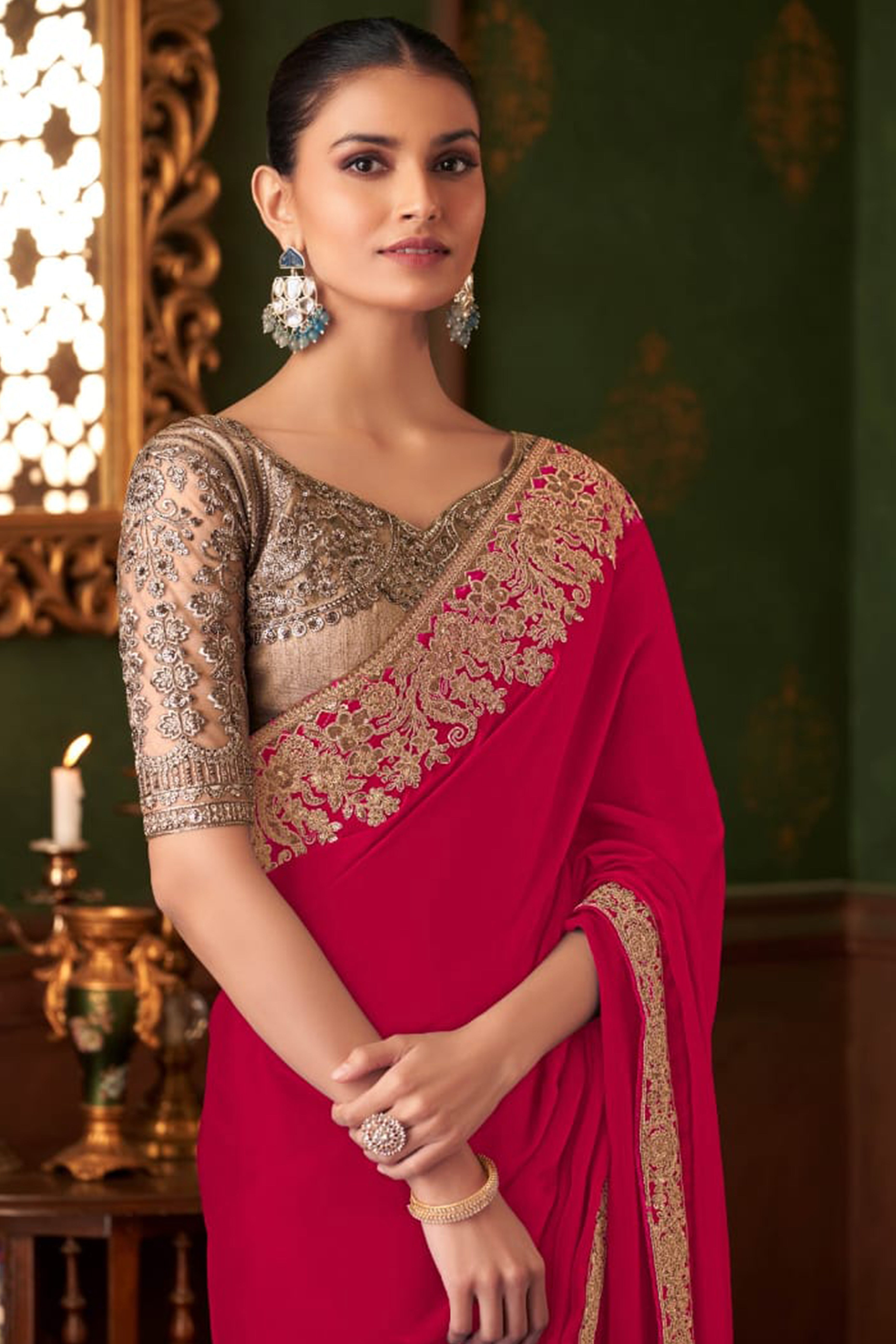 Graceful Rose Pink Chiffon Saree Showcasing Exquisite Floral Thread Embroidery & Sequins Work