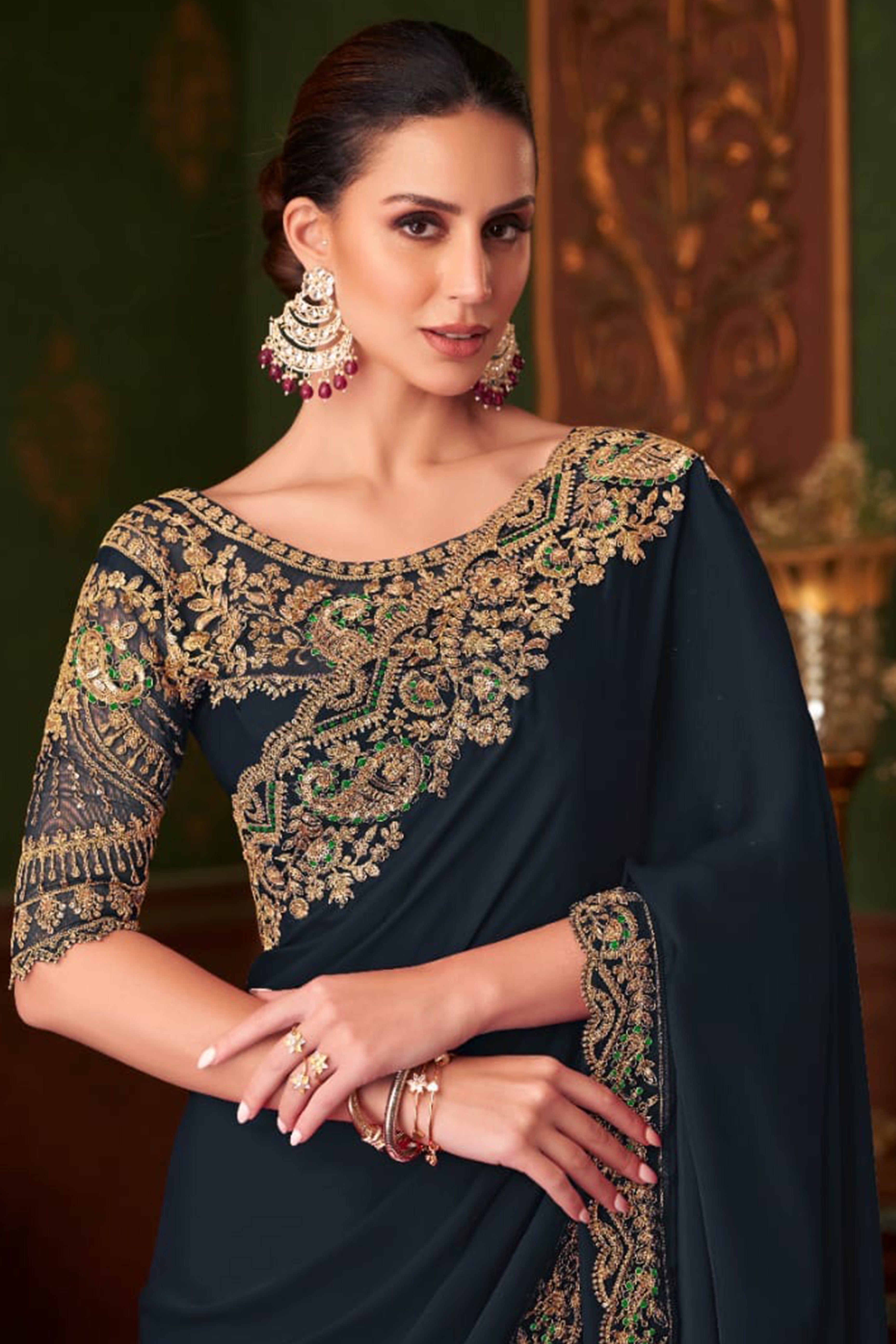 Charming Navy Blue Floral & Paisley Embroidered Chiffon Saree With Sparkling Sequins Detailing