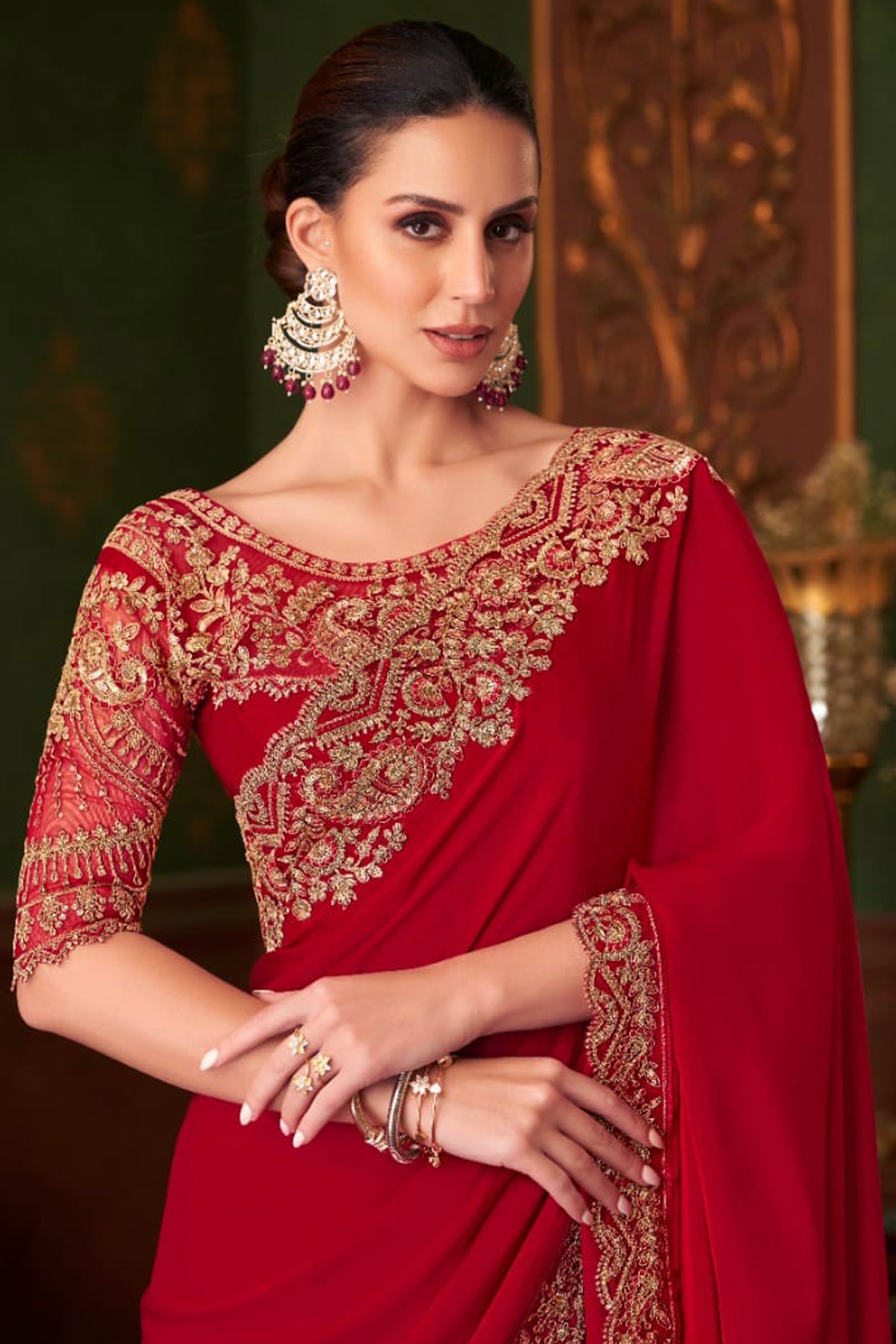 Charming Red Floral & Paisley Embroidered Chiffon Saree With Sparkling Sequins Detailing