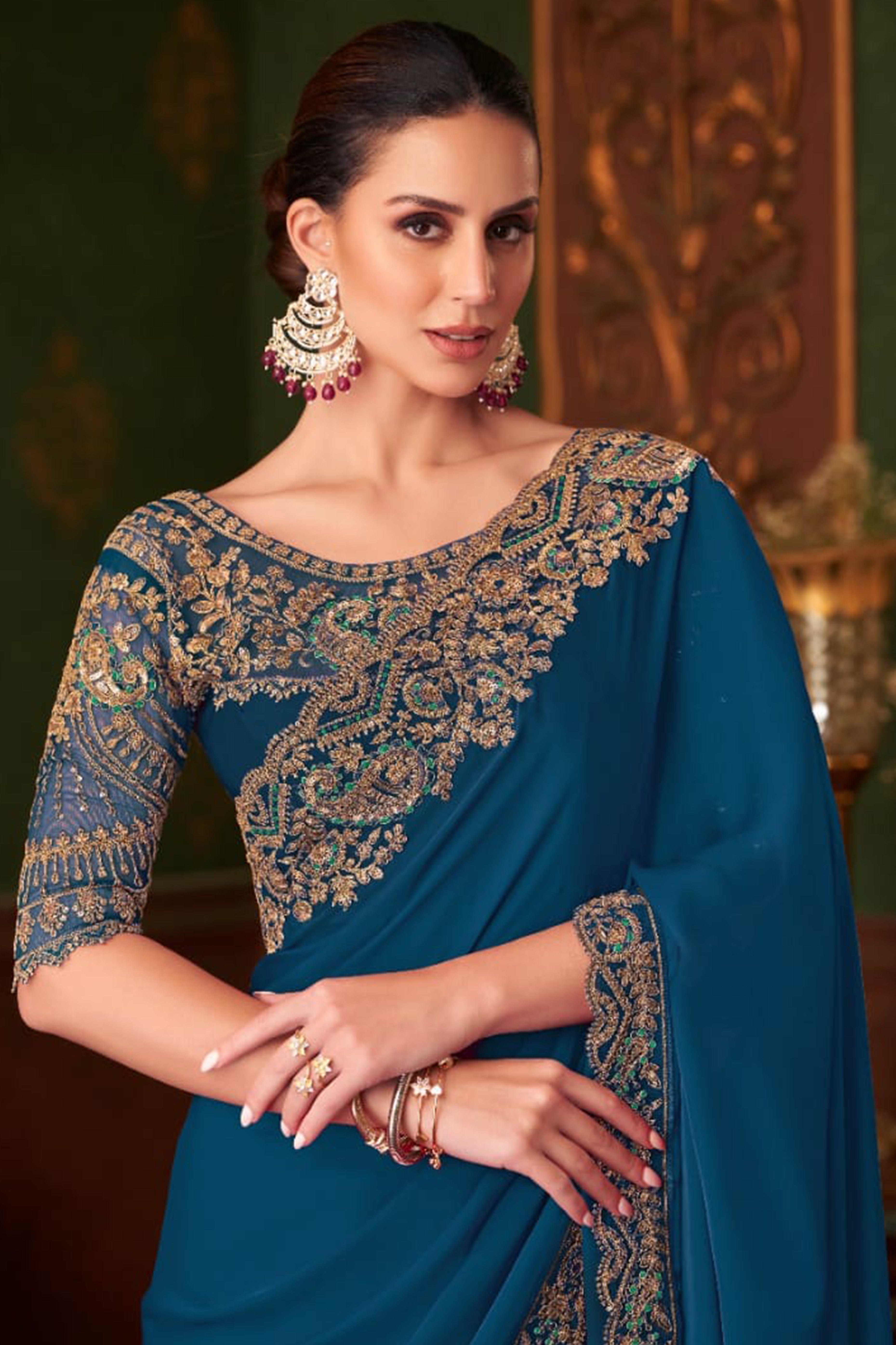 Charming Blue Floral & Paisley Embroidered Chiffon Saree With Sparkling Sequins Detailing