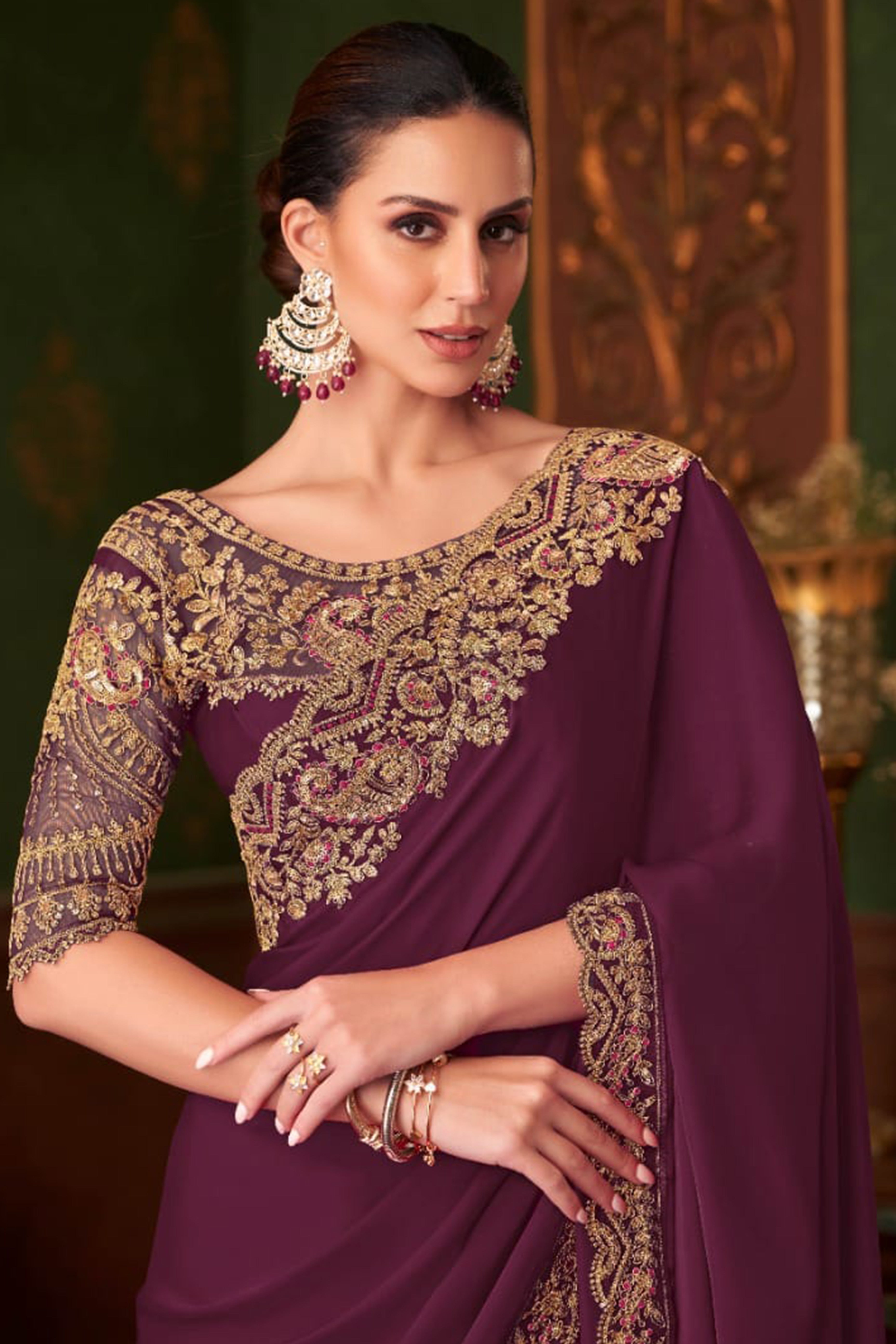 Charming Wine Floral & Paisley Embroidered Chiffon Saree With Sparkling Sequins Detailing