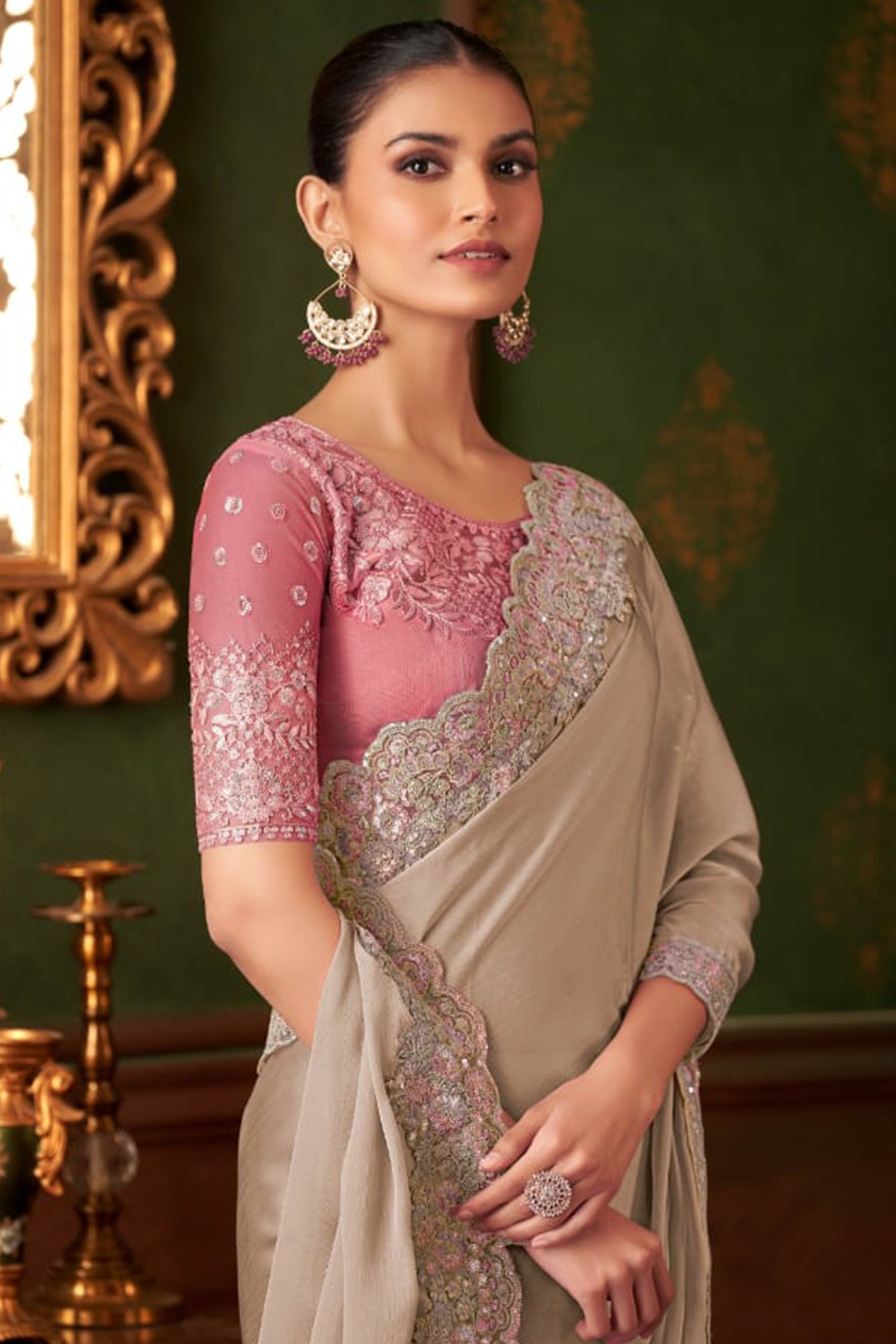 Elegant Beige Floral Thread Embroidered Chiffon Saree Featuring Sequins Accents
