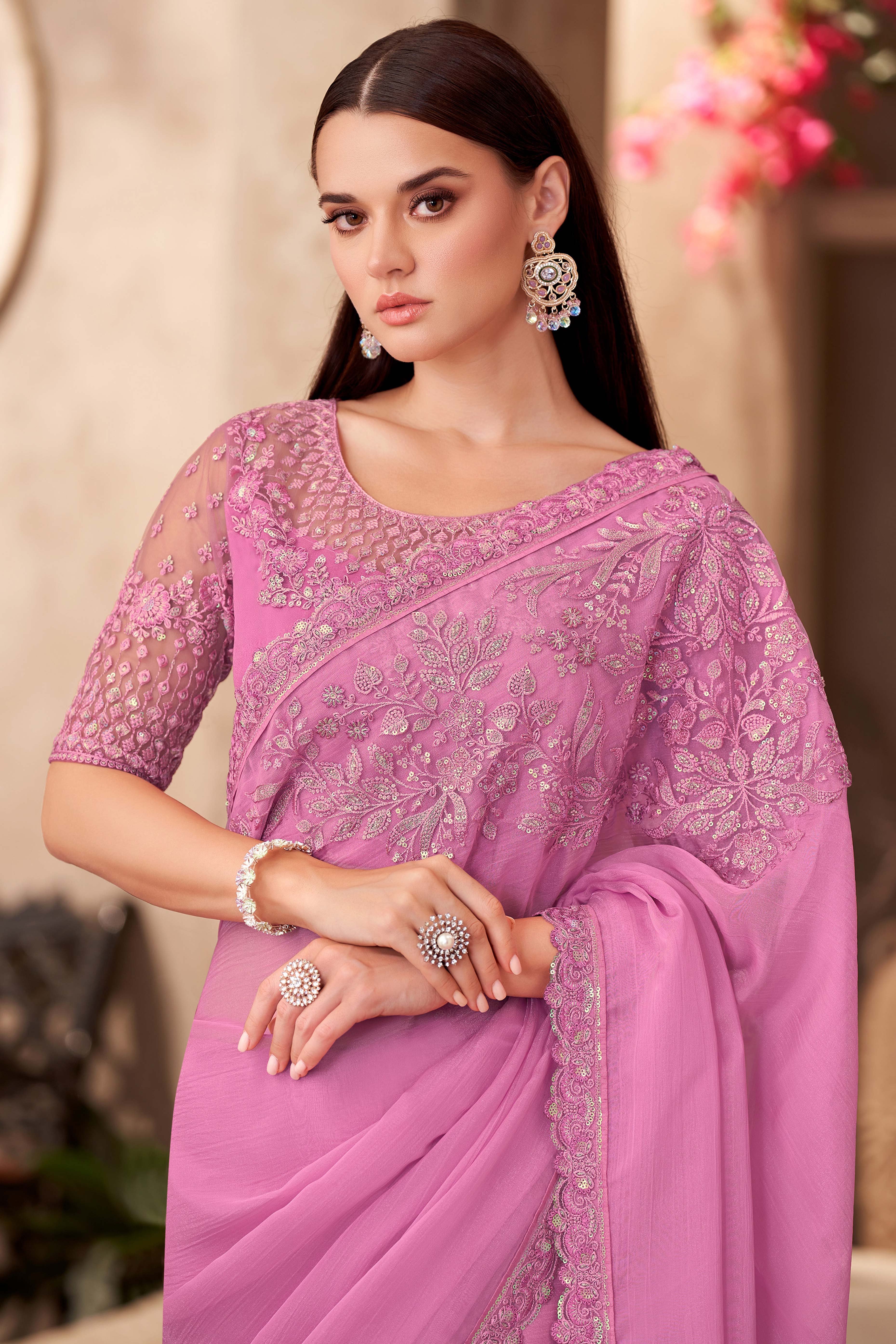 Party Perfect Pink Chiffon Saree with Shimmering Sequin and Thread Embroidery