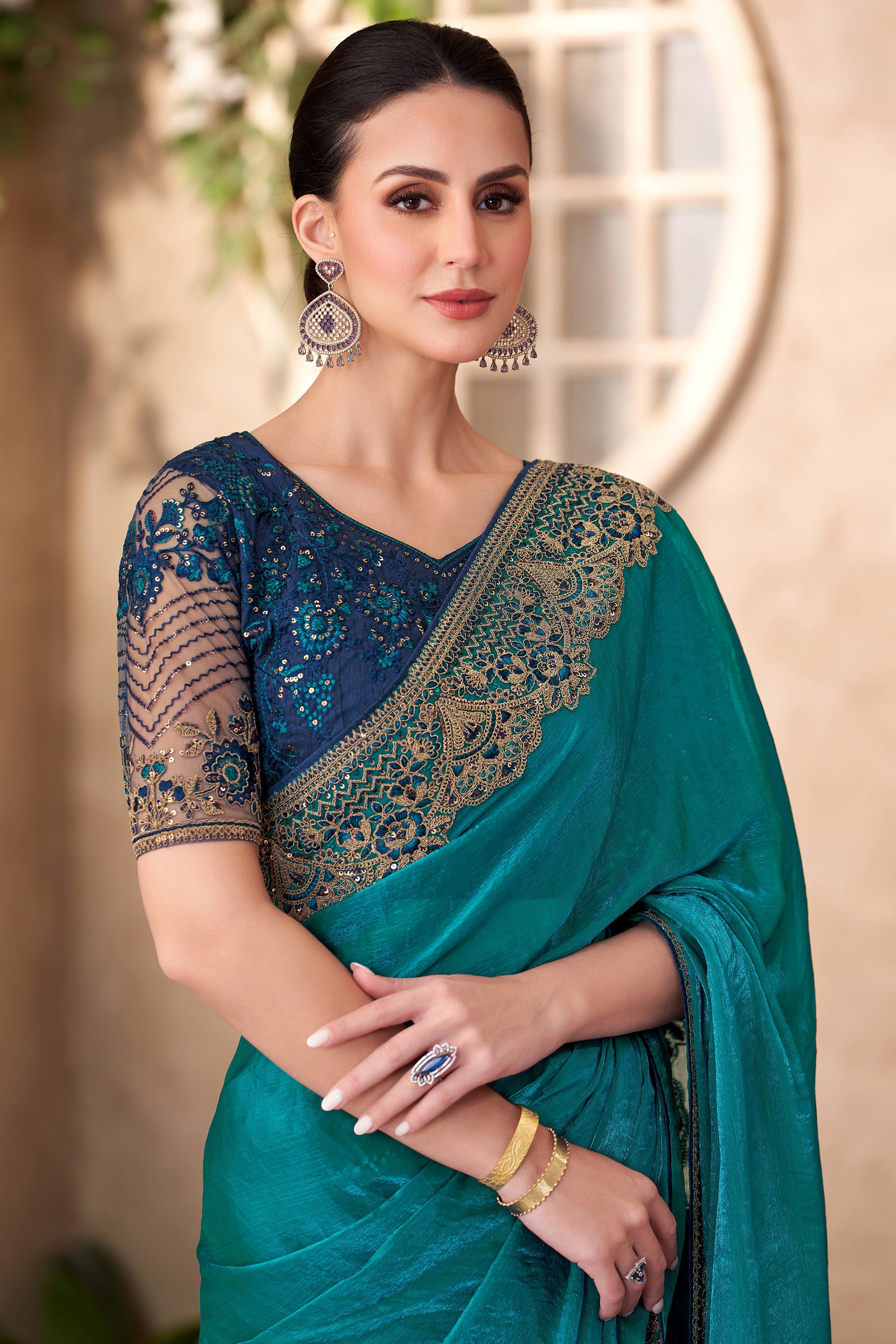 Party Perfect Teal  Georgette Saree with Shimmering Sequin and Thread Embroidery