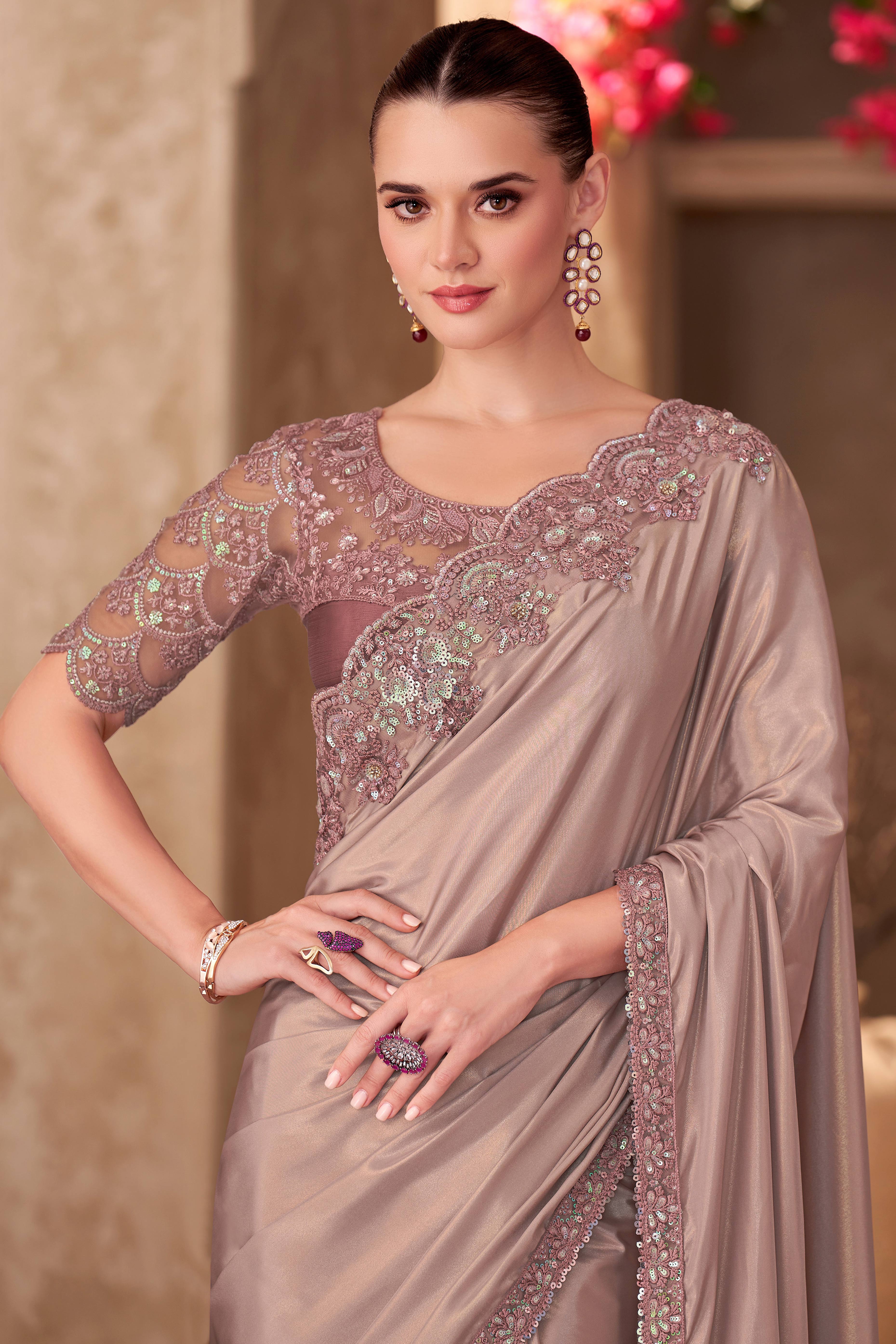 Party Perfect Pinkish Beige Crepe Saree with Shimmering Sequin and Thread Embroidery