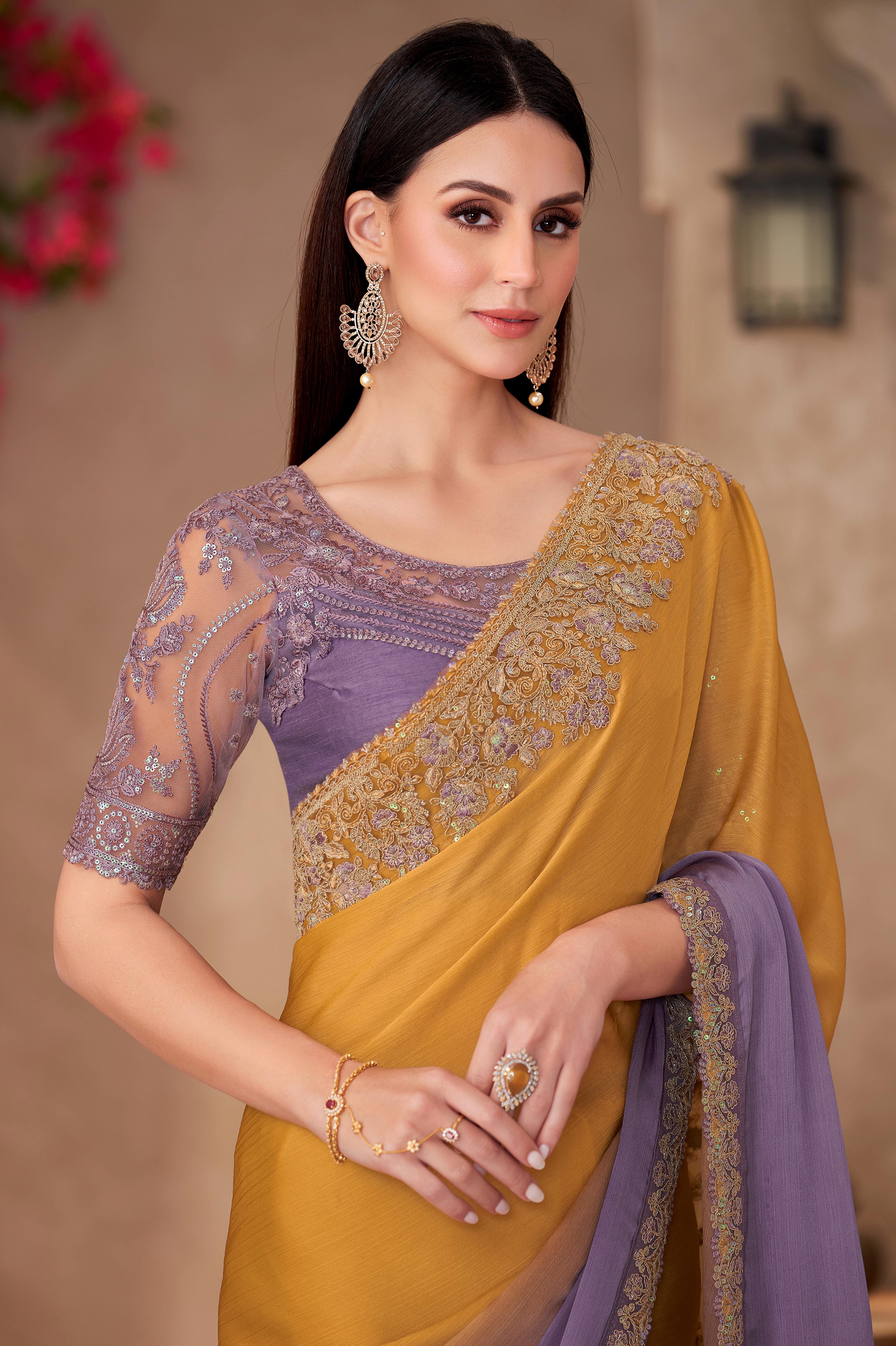 Party Perfect Mustard & Lavender Chiffon Saree with Shimmering Sequin and Thread Embroidery