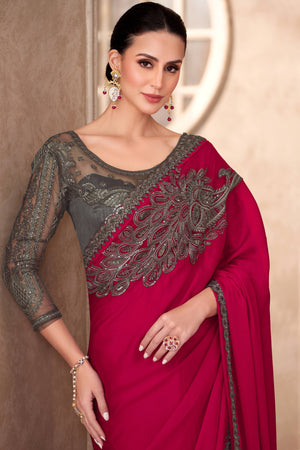 Party Perfect Rose Pink Chiffon Saree with Shimmering Sequin and Thread Embroidery