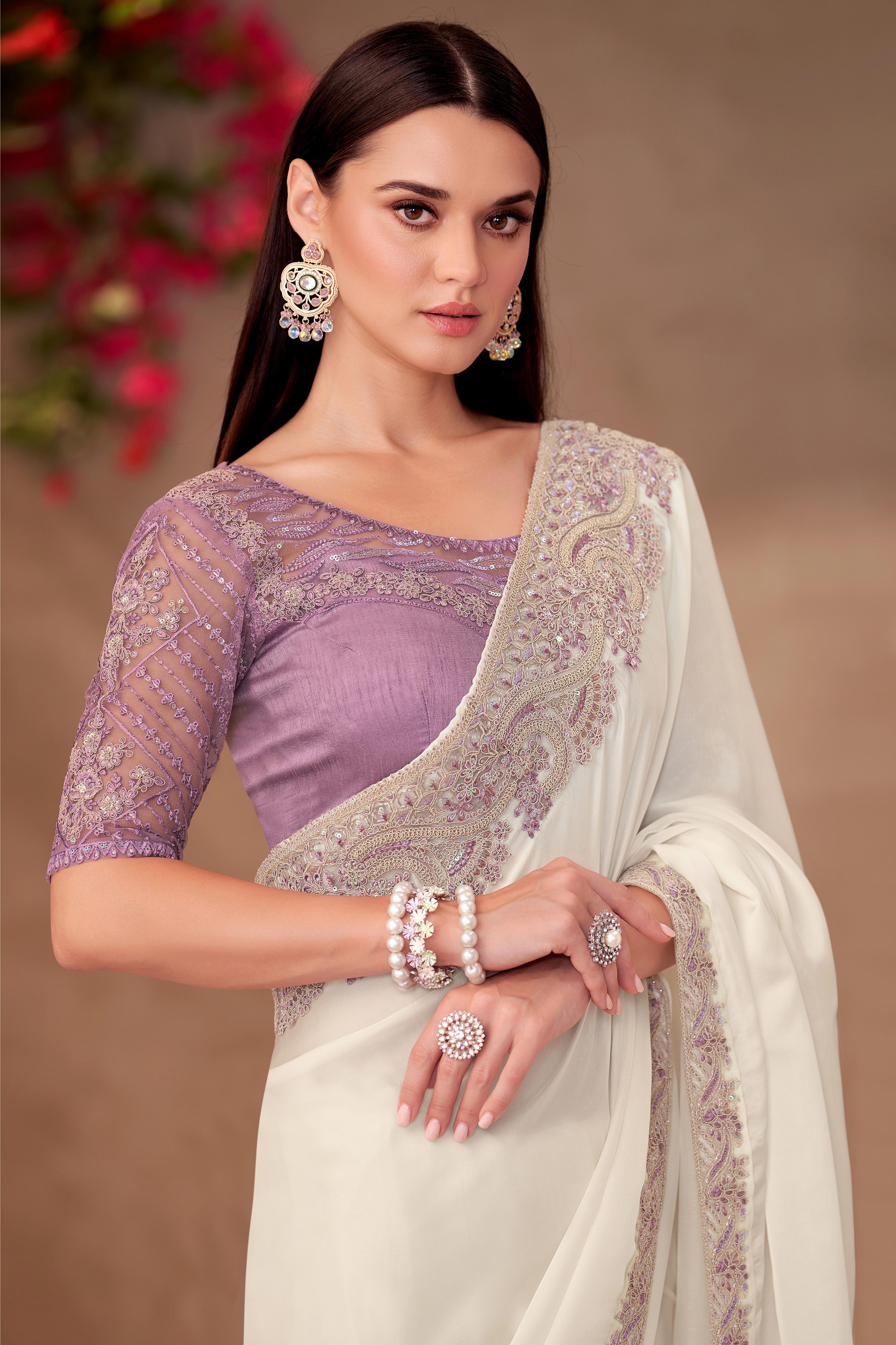 Party Perfect White Georgette Saree with Shimmering Sequin and Thread Embroidery