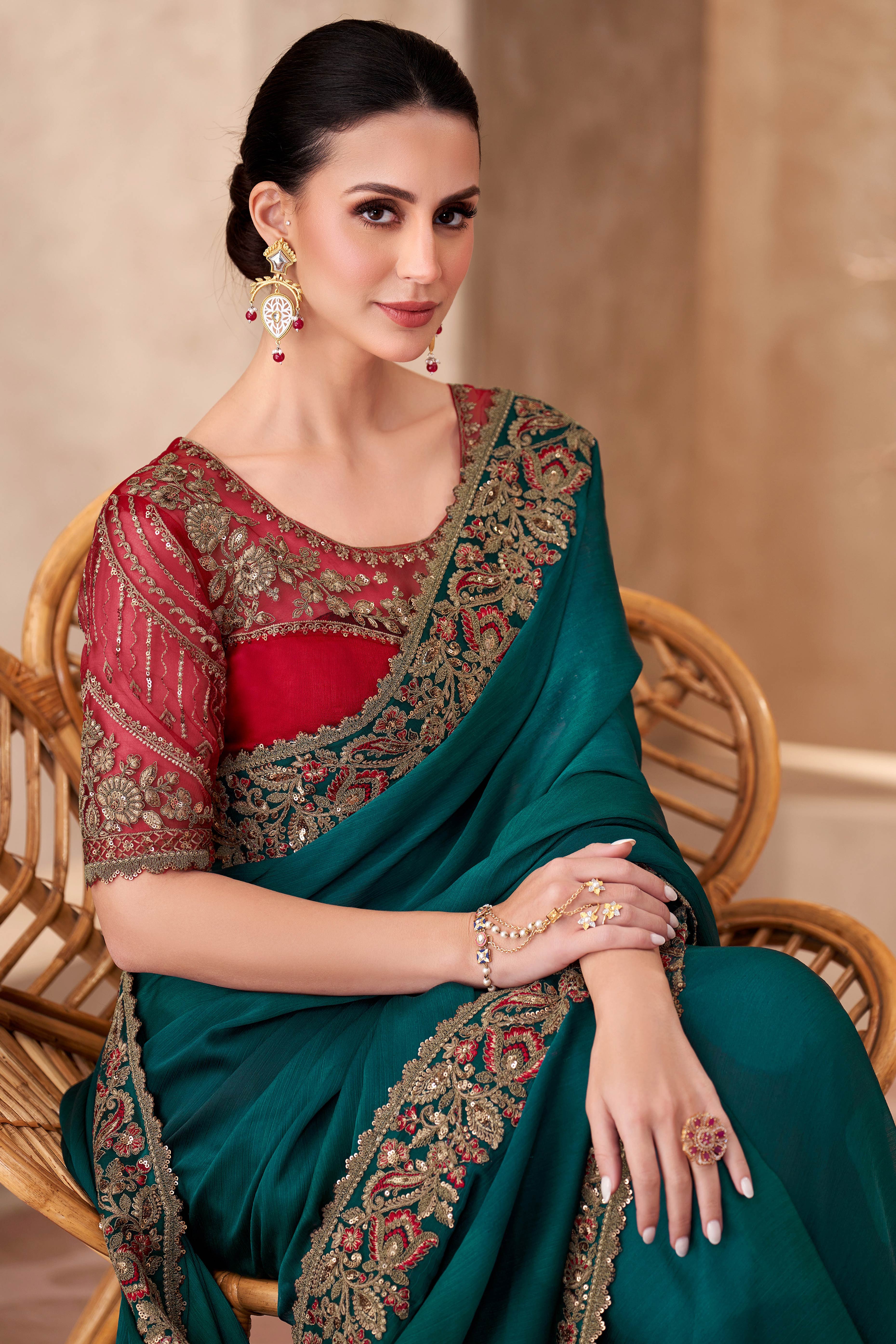 Party Perfect Bottle Green Chiffon Saree with Shimmering Sequin and Thread Embroidery