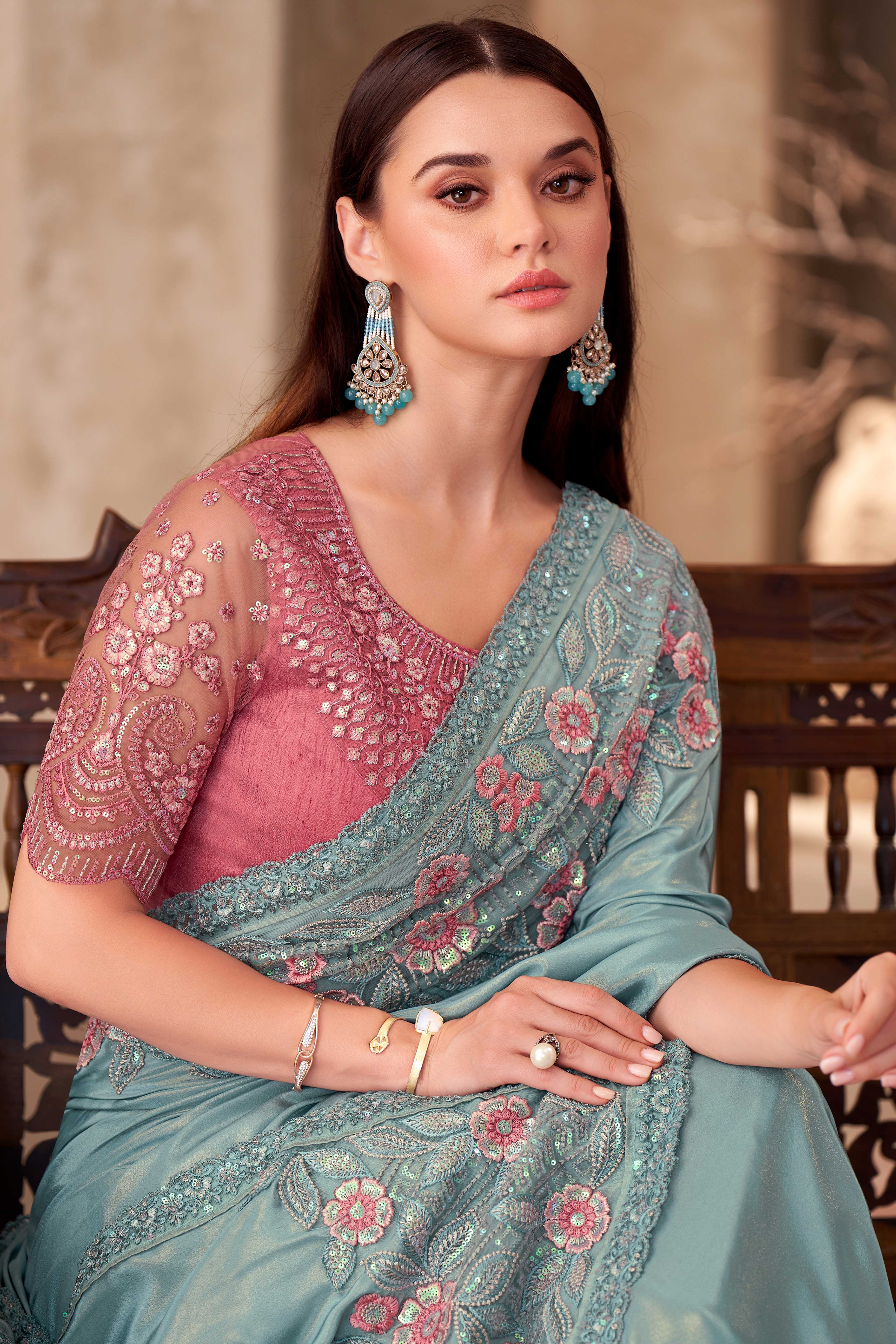 Party Perfect Turquoise Crepe Saree with Shimmering Sequin and Thread Embroidery
