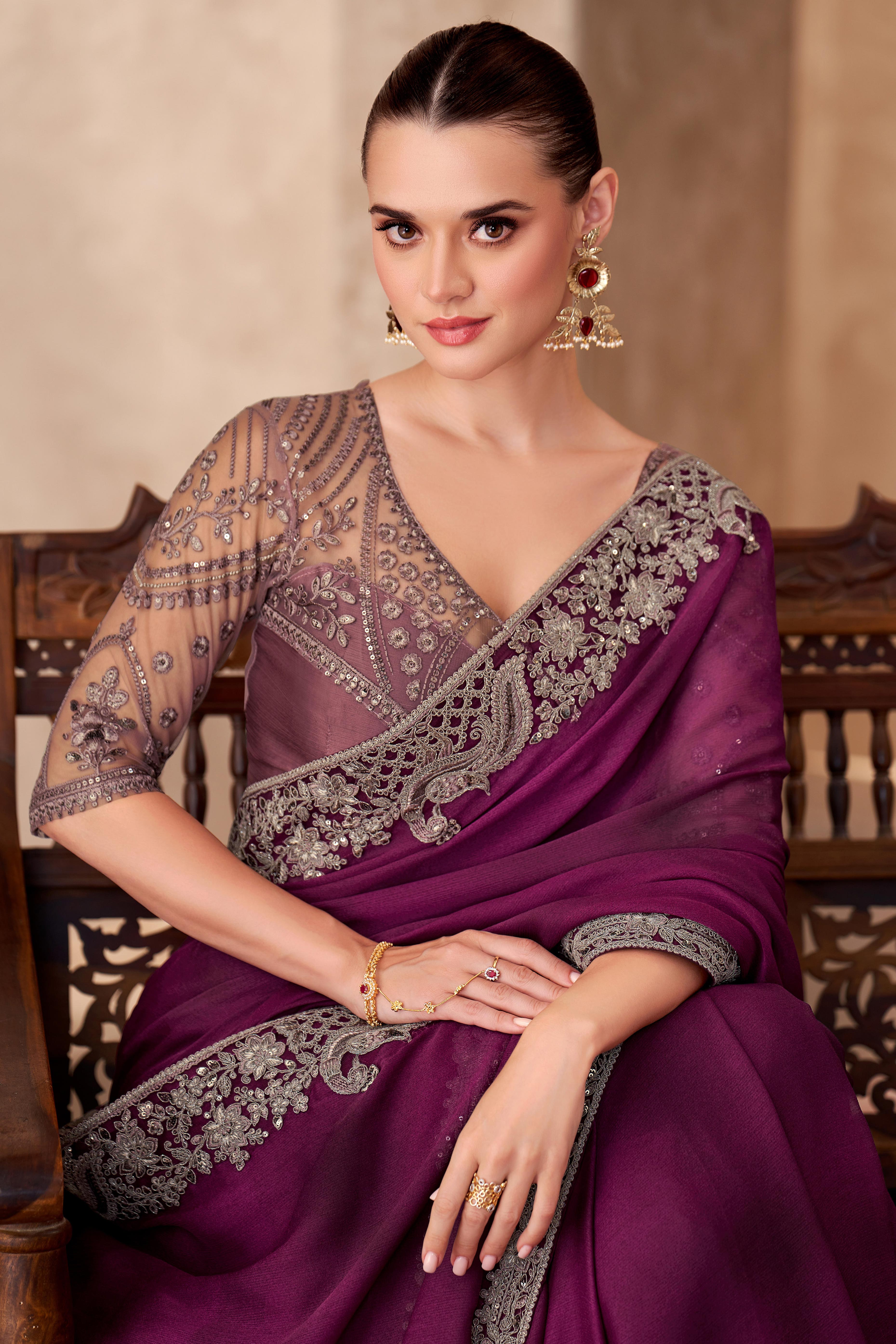 Party Perfect Burgundy Chiffon Saree with Shimmering Sequin and Thread Embroidery