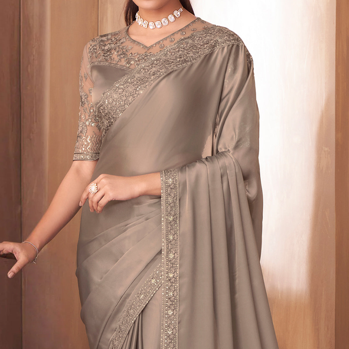 Beige Sequins Embroidered Satin Saree