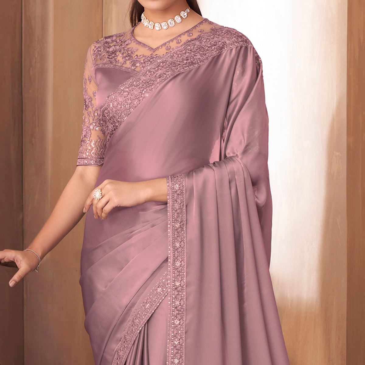 Mauve Sequins Embroidered Satin Saree