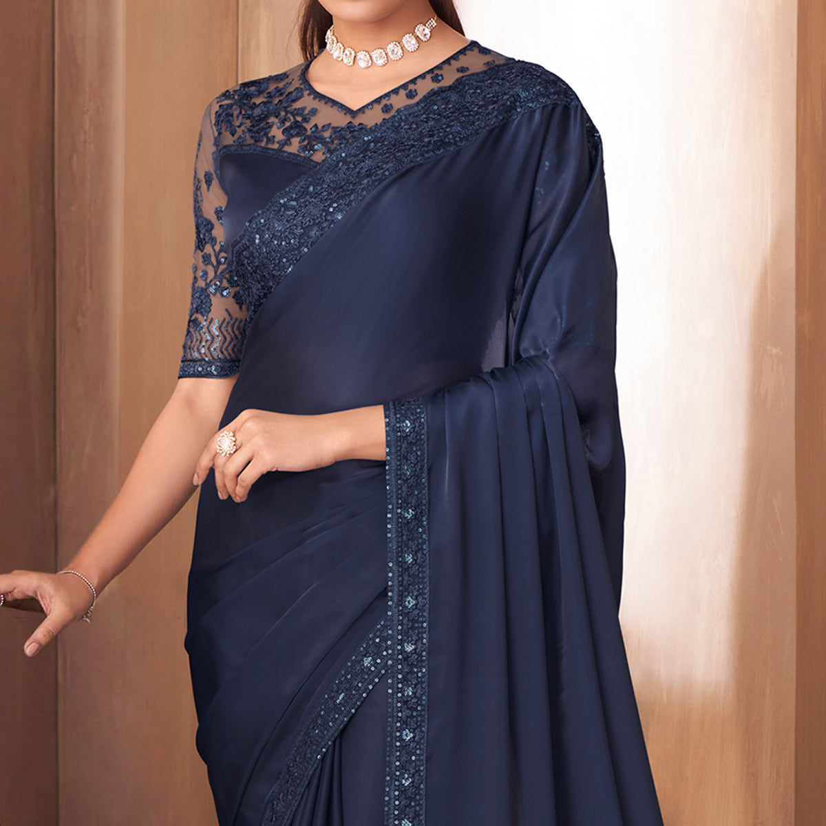 Navy Blue Sequins Embroidered Satin Saree