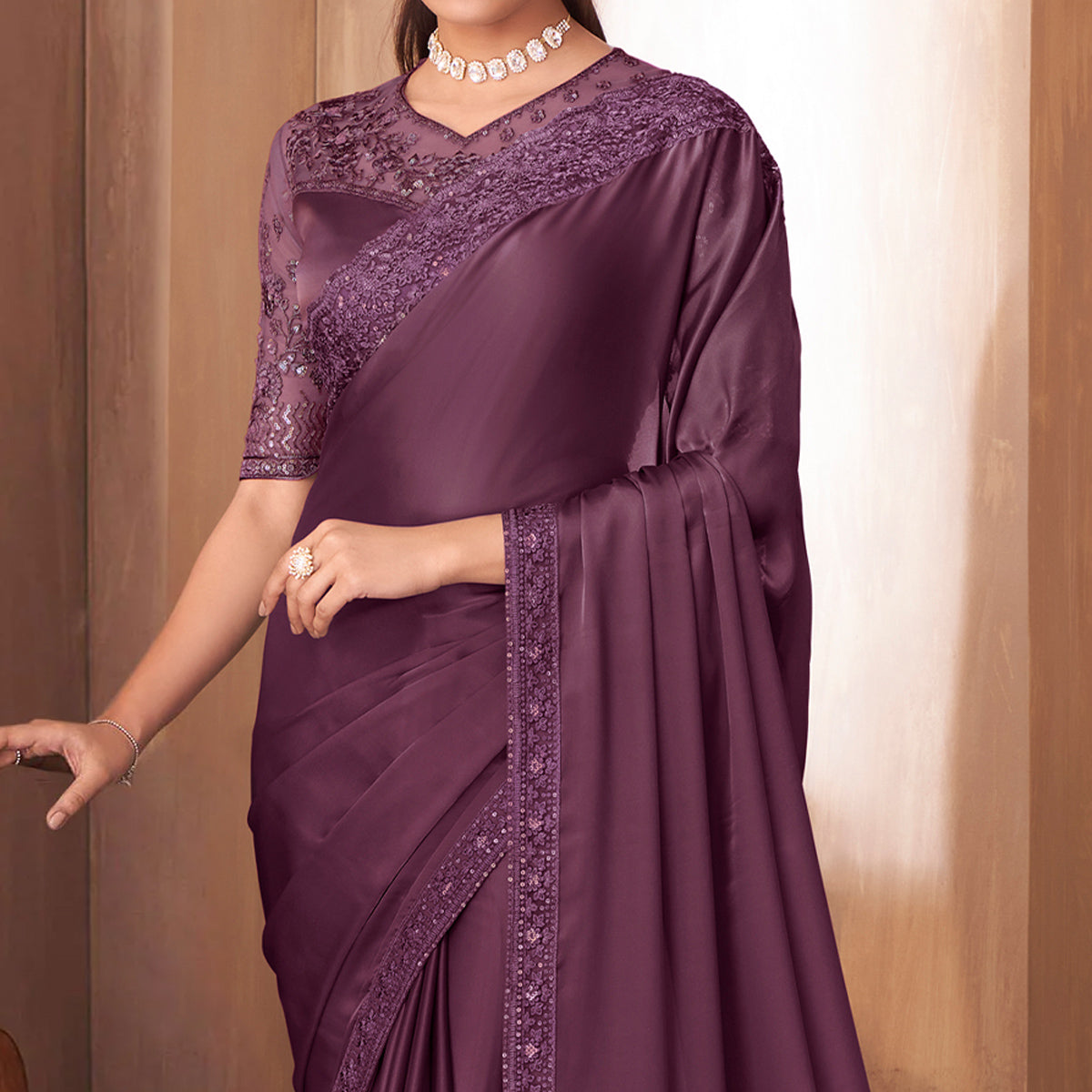 Wine Sequins Embroidered Satin Saree