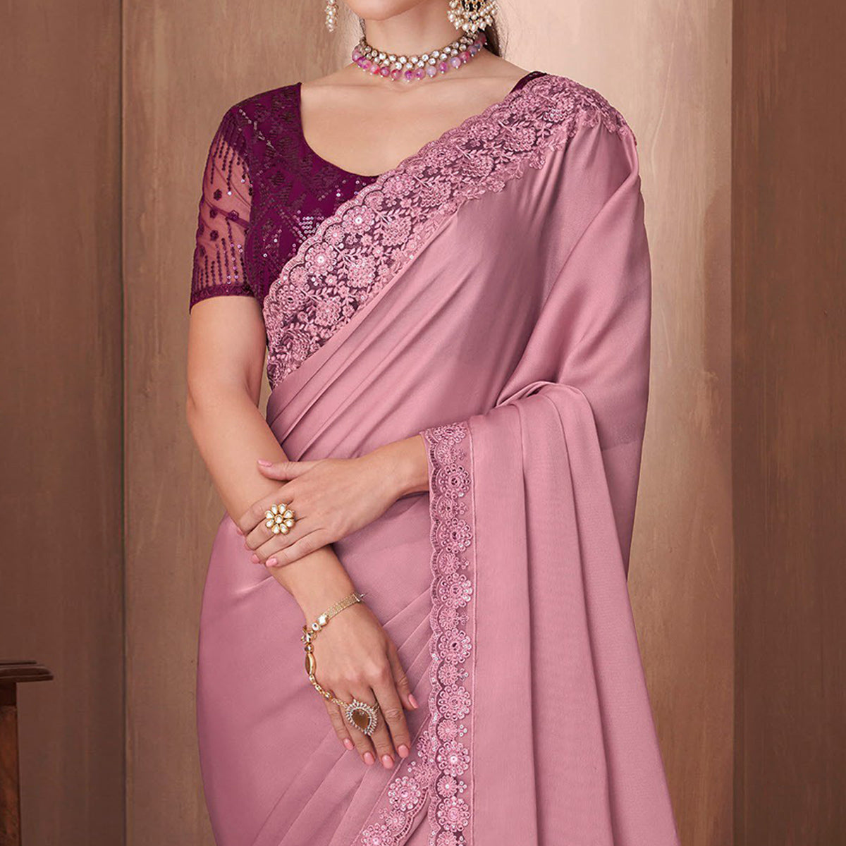 Pink Embroidered Satin Saree