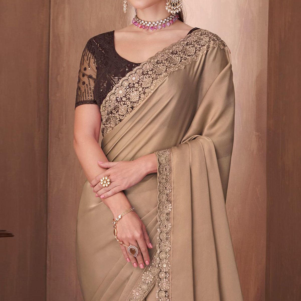 Light Brown Embroidered Satin Saree