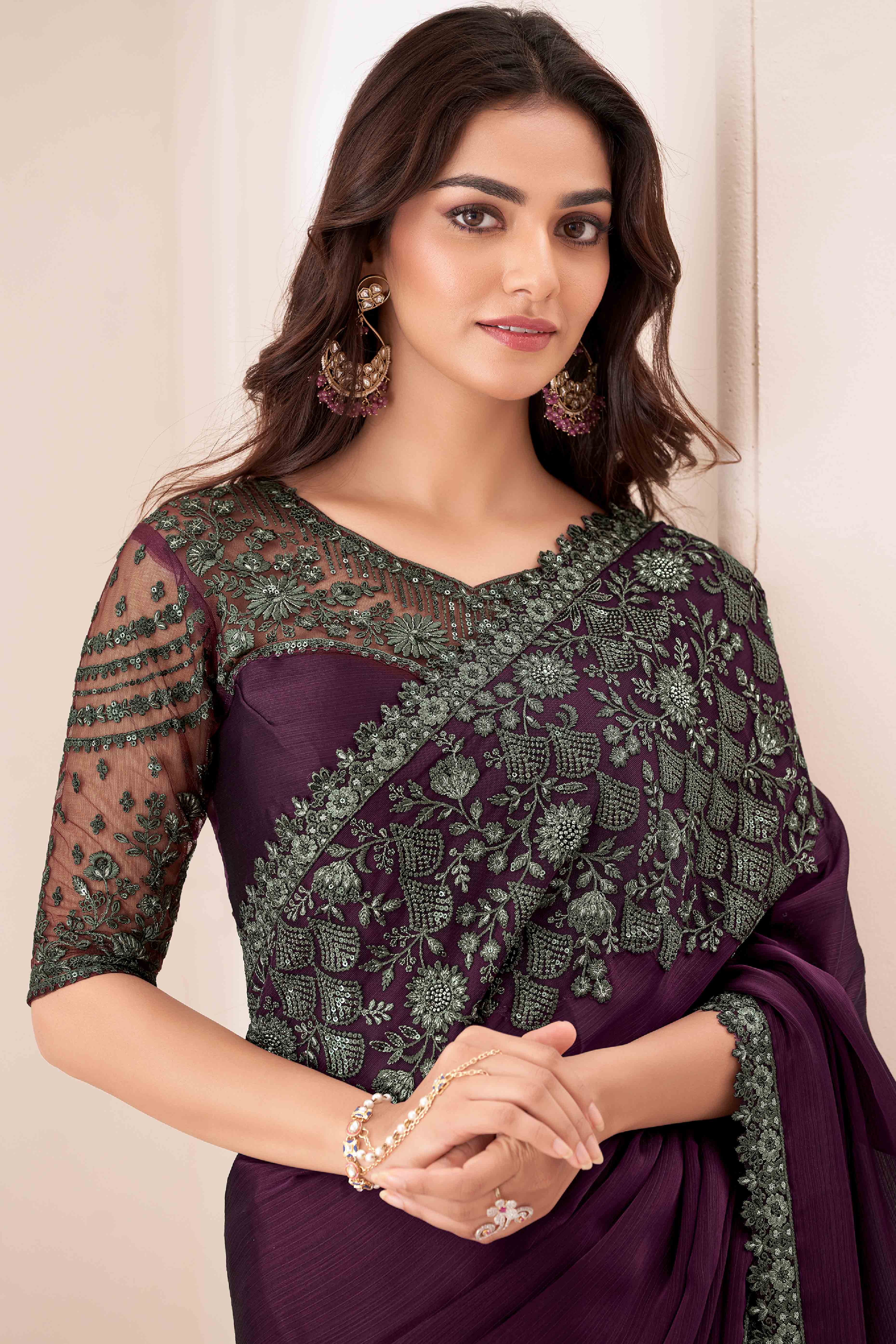 Wine Sequins Embroidered Satin Saree