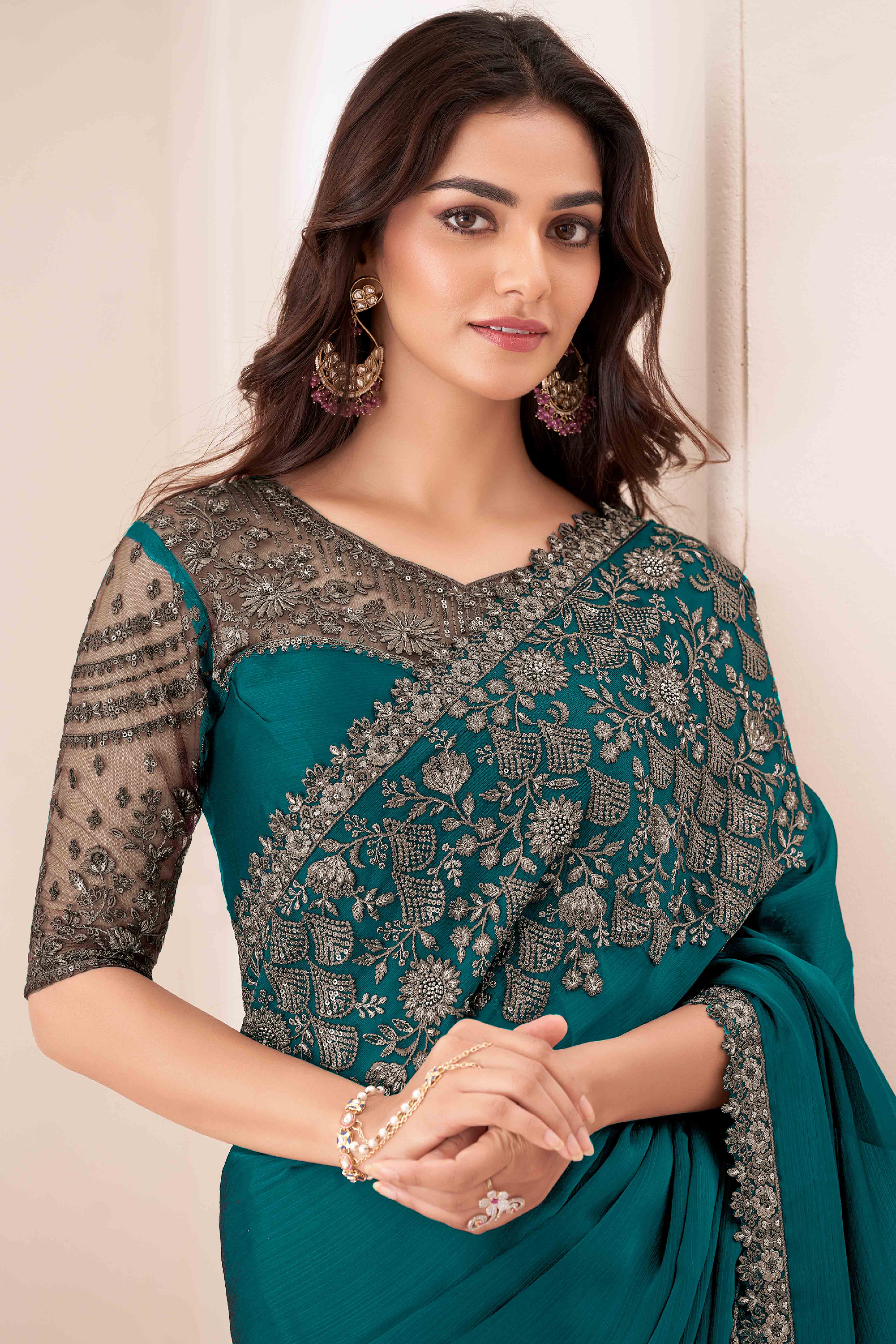 Teal Sequins Embroidered Satin Saree