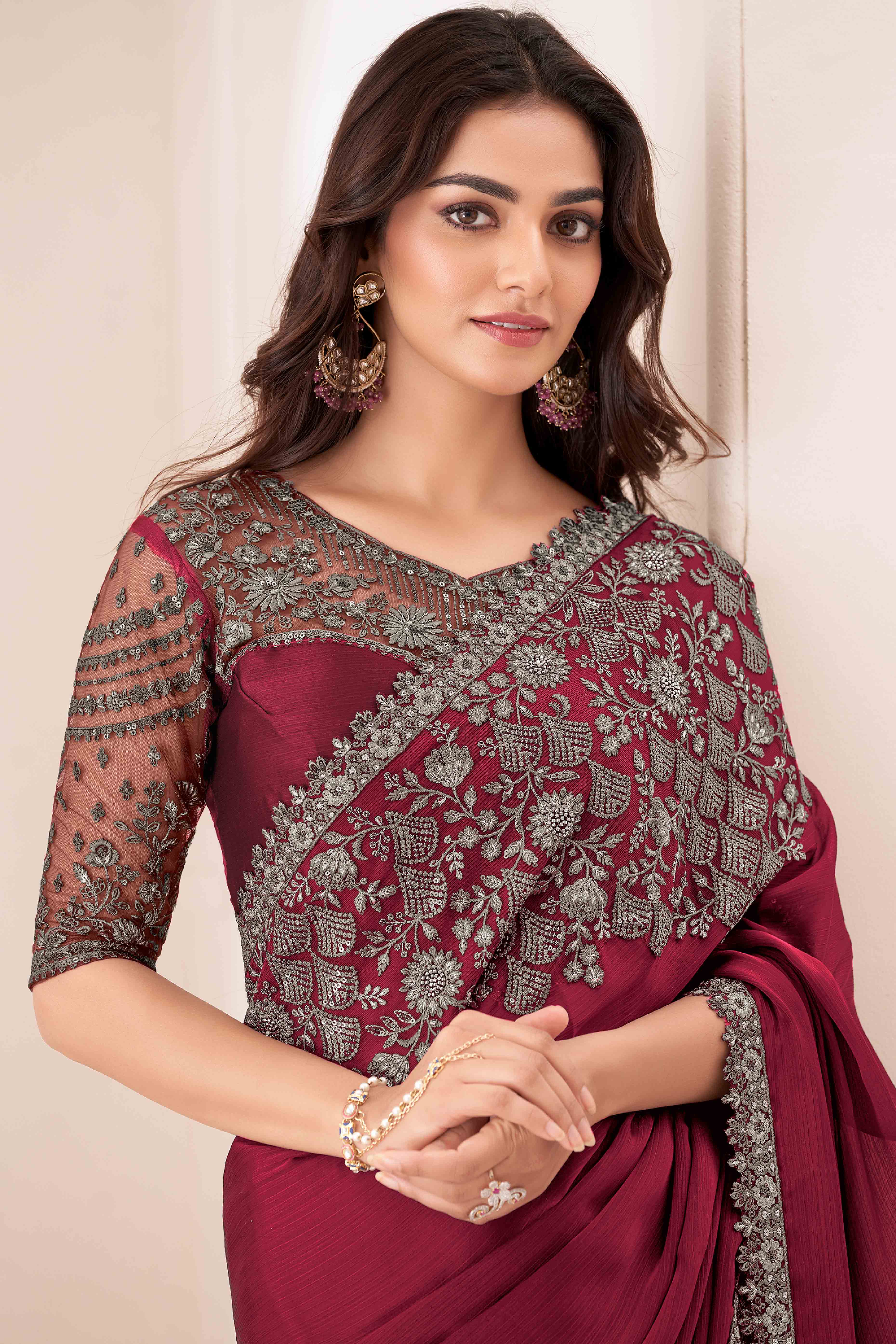 Maroon Sequins Embroidered Satin Saree