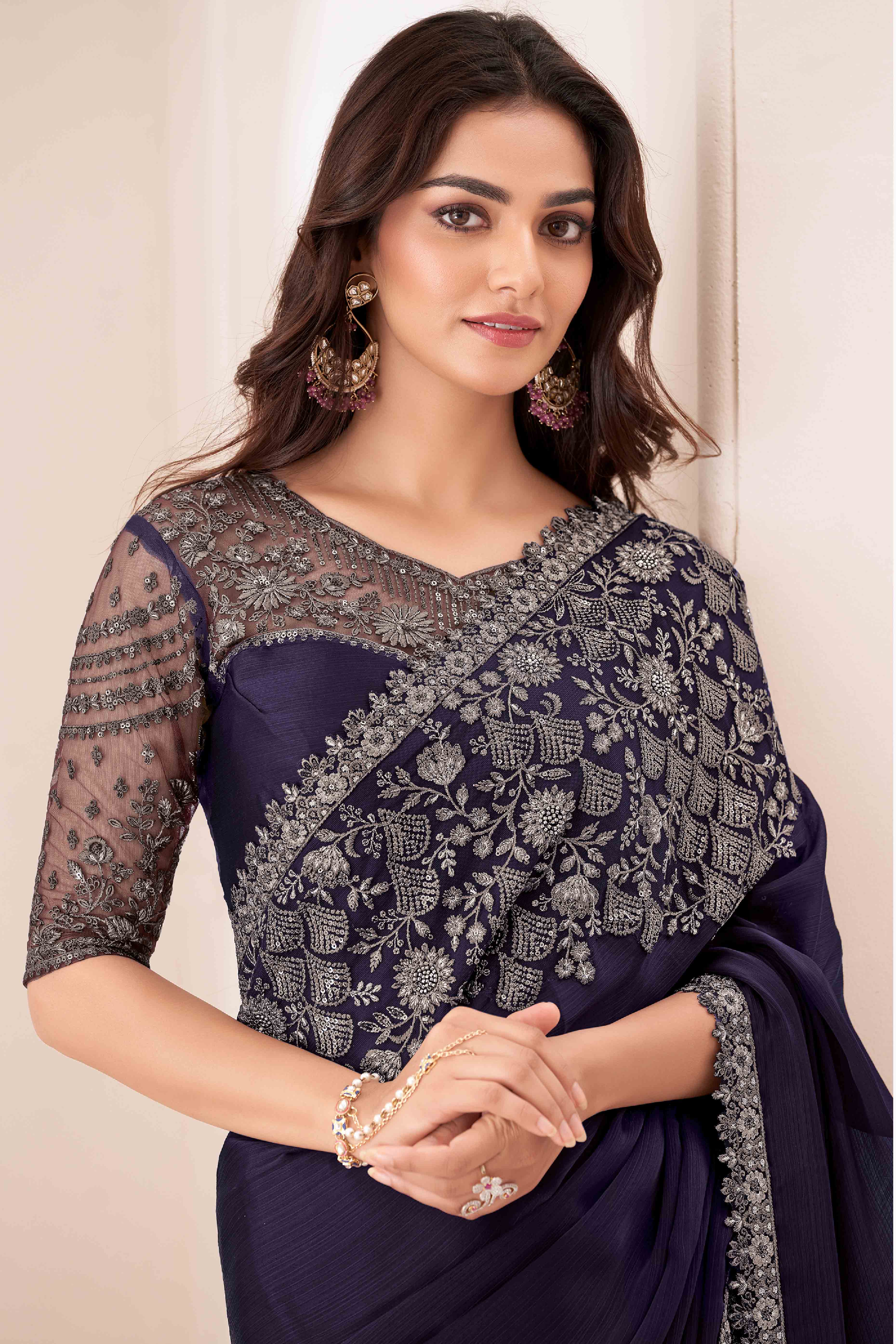 Blue Sequins Embroidered Satin Saree