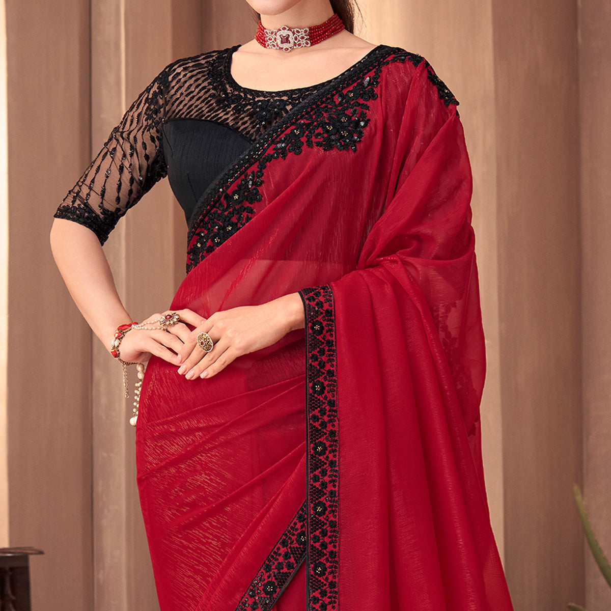 Red Floral Embroidered Georgette Saree