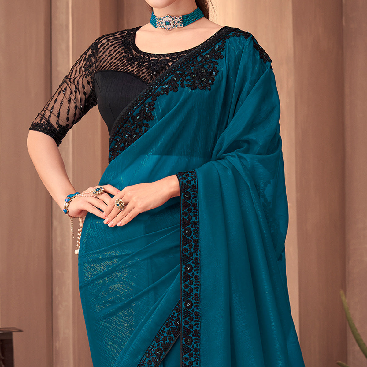 Blue Floral Embroidered Georgette Saree