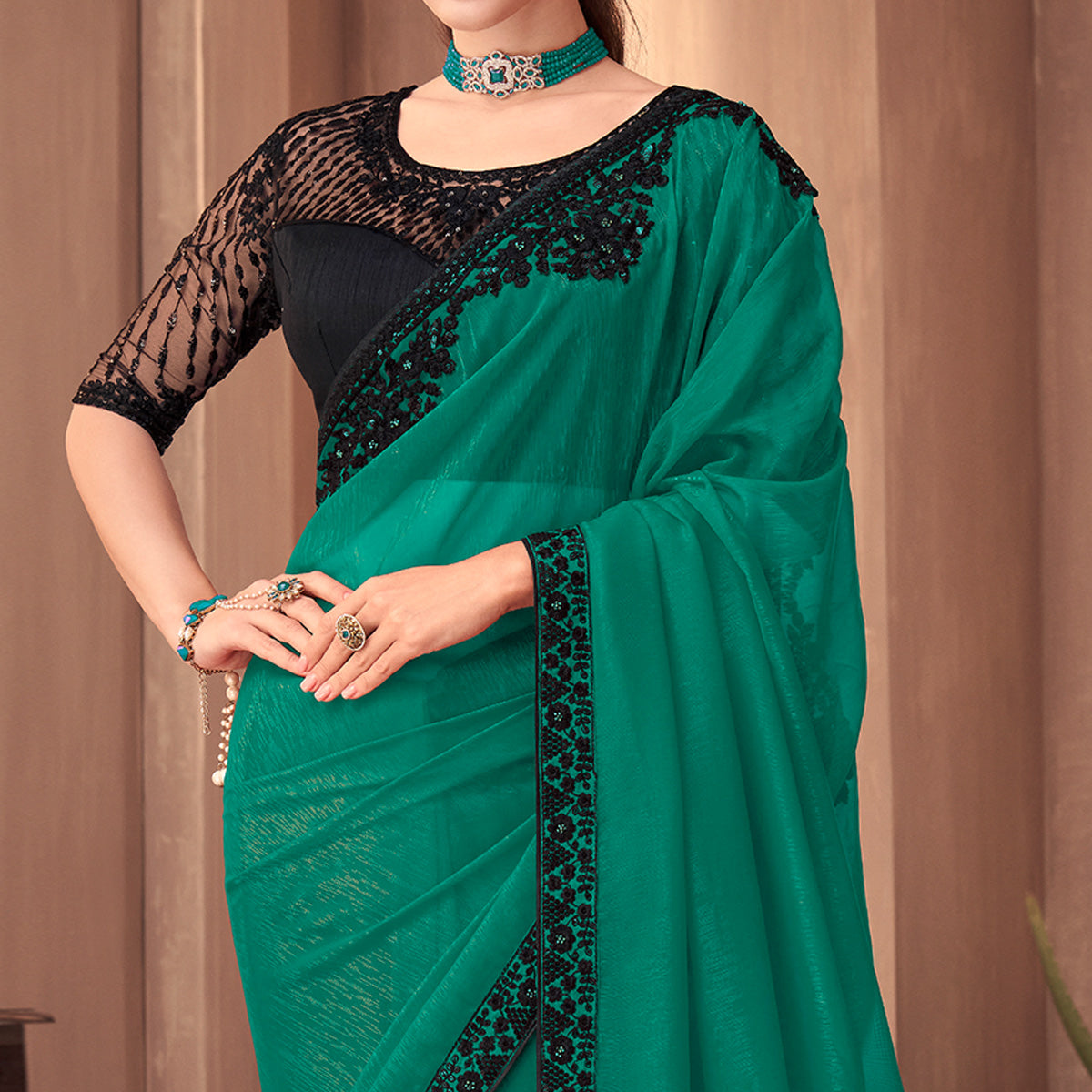 Green Floral Embroidered Georgette Saree