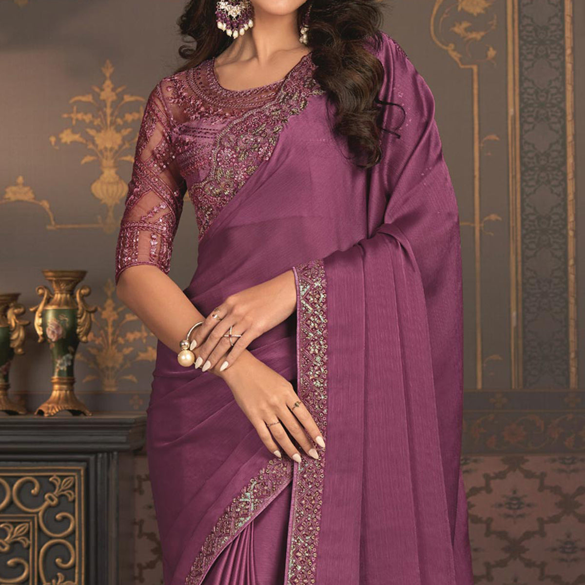 Purple Embroidered Designer Satin Saree