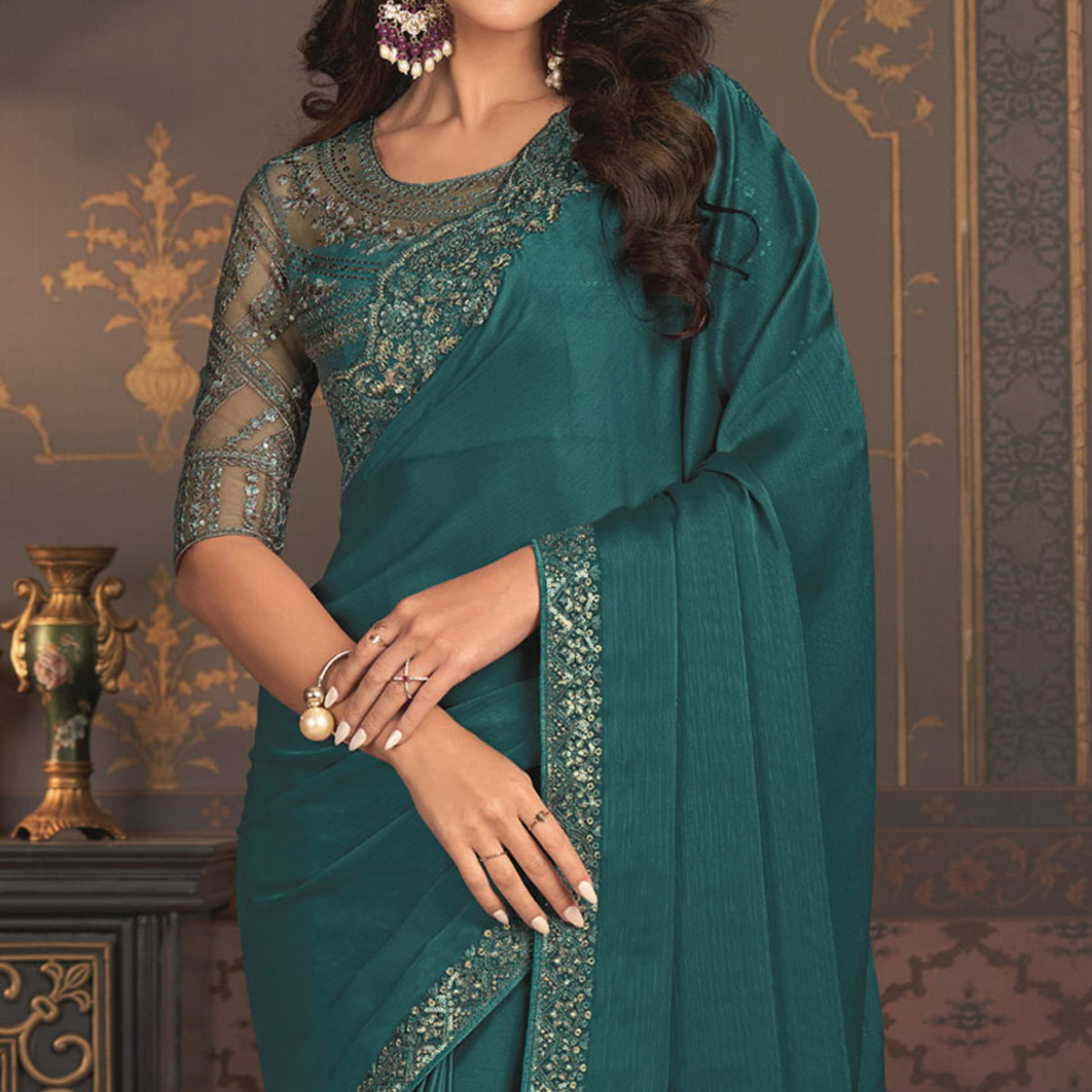 Teal Embroidered Designer Satin Saree