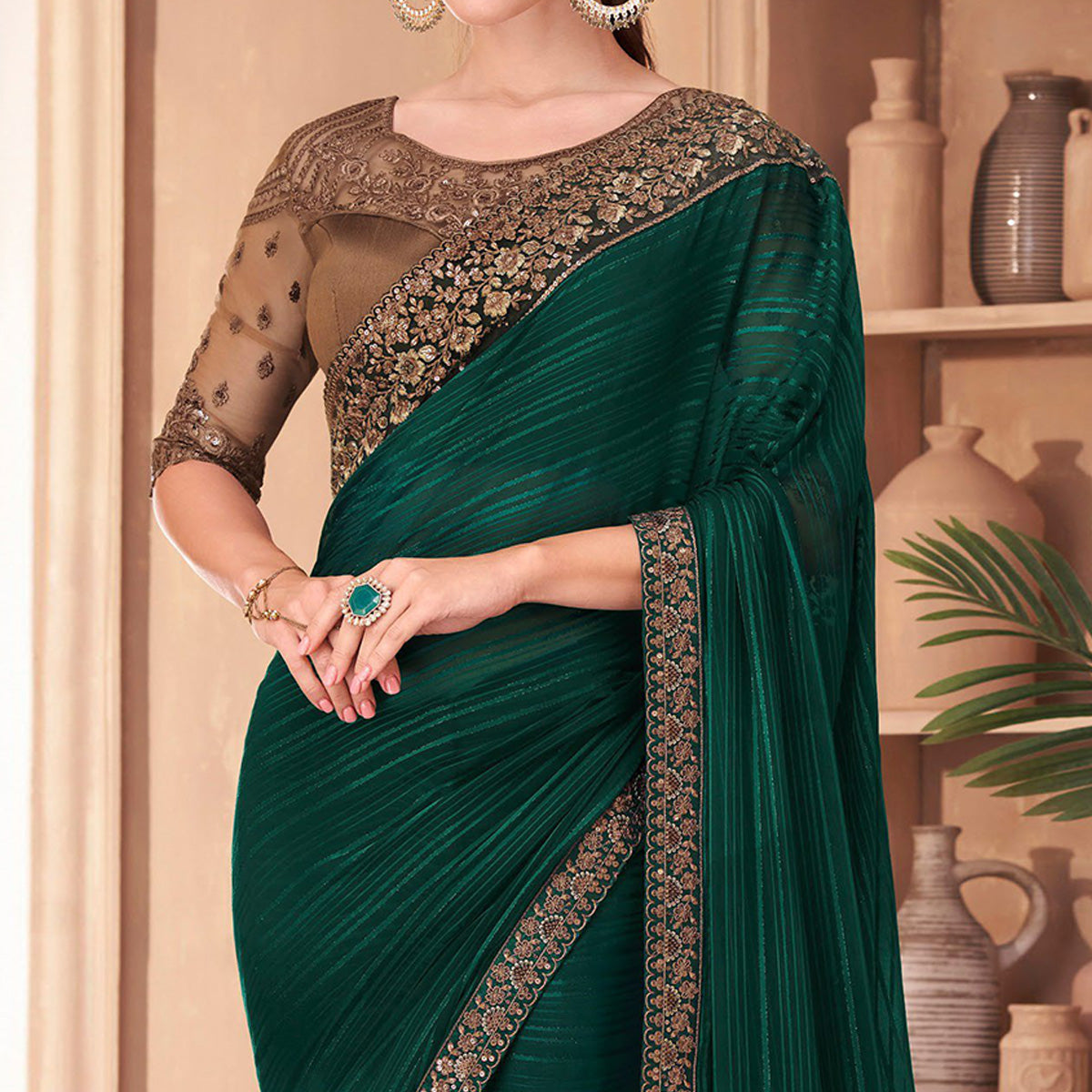 Bottle Green Floral Embroidered Georgette Saree