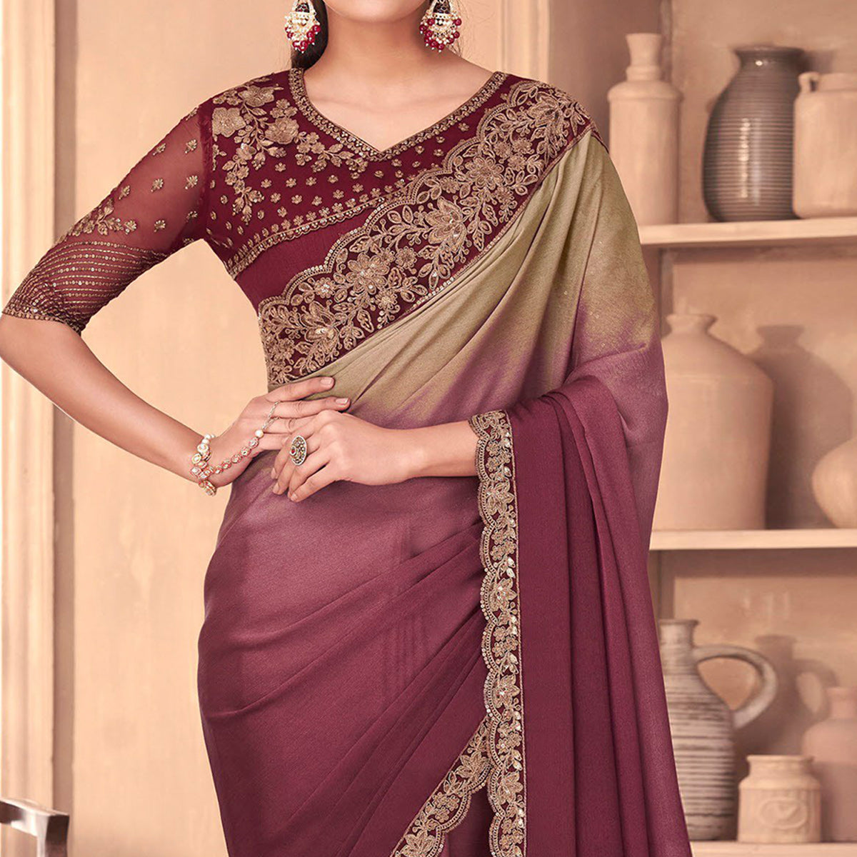 Wine & Brown Floral Embroidered Georgette Saree