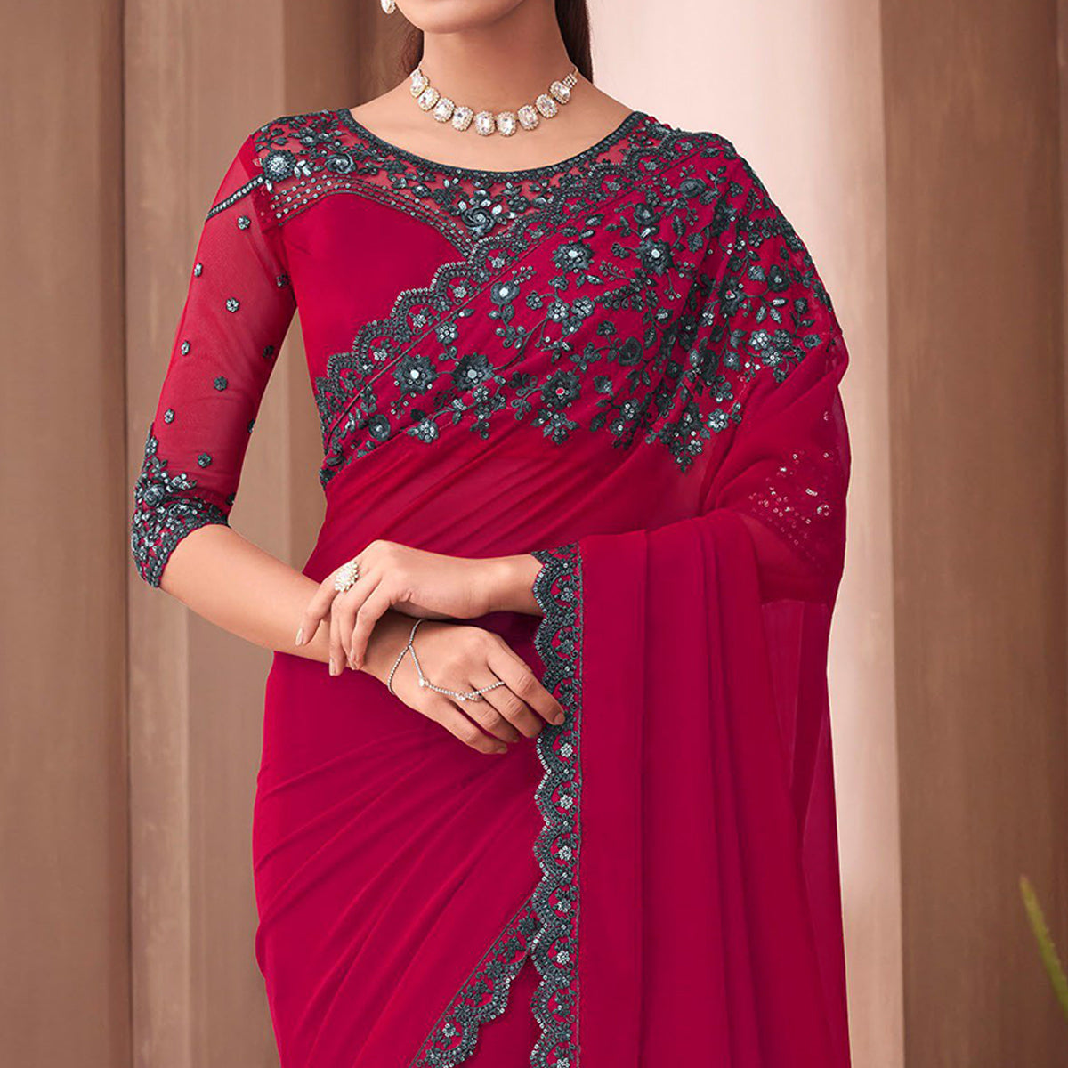 Pink Floral Embroidered Georgette Saree