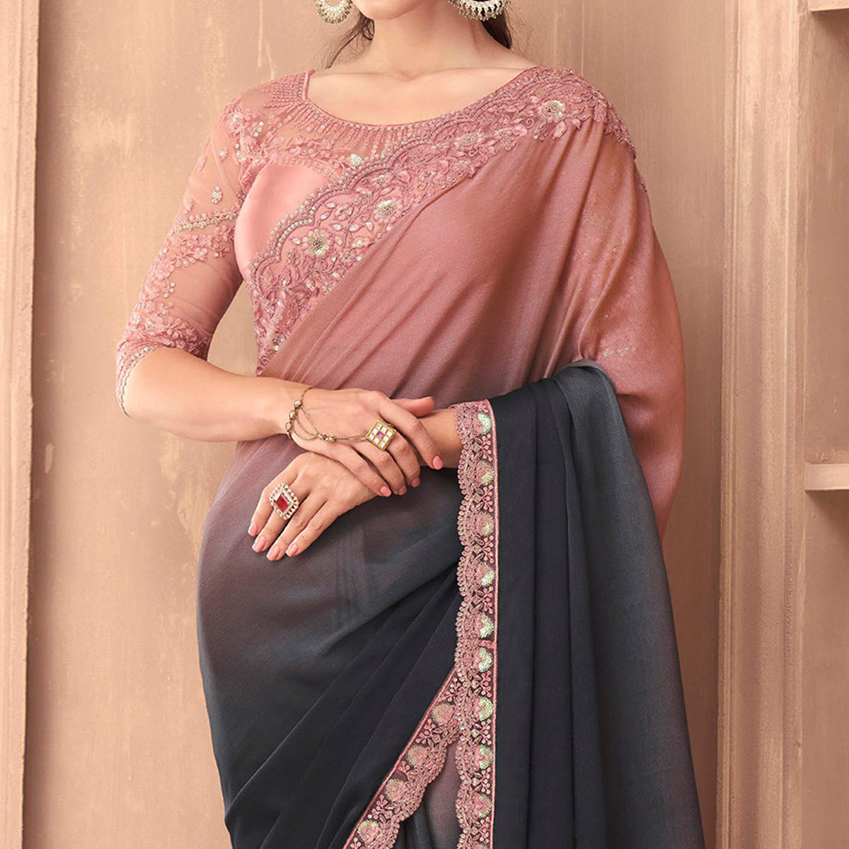 Grey & Pink Floral Embroidered Georgette Saree