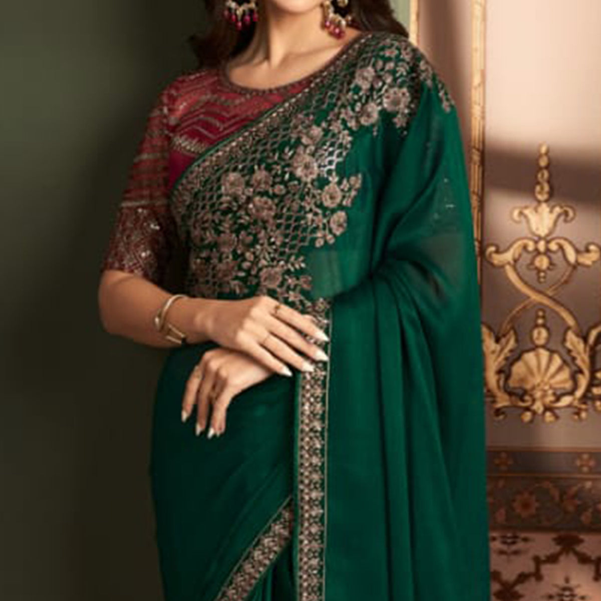 Bottle Green Floral Sequins Embroidered Satin Saree