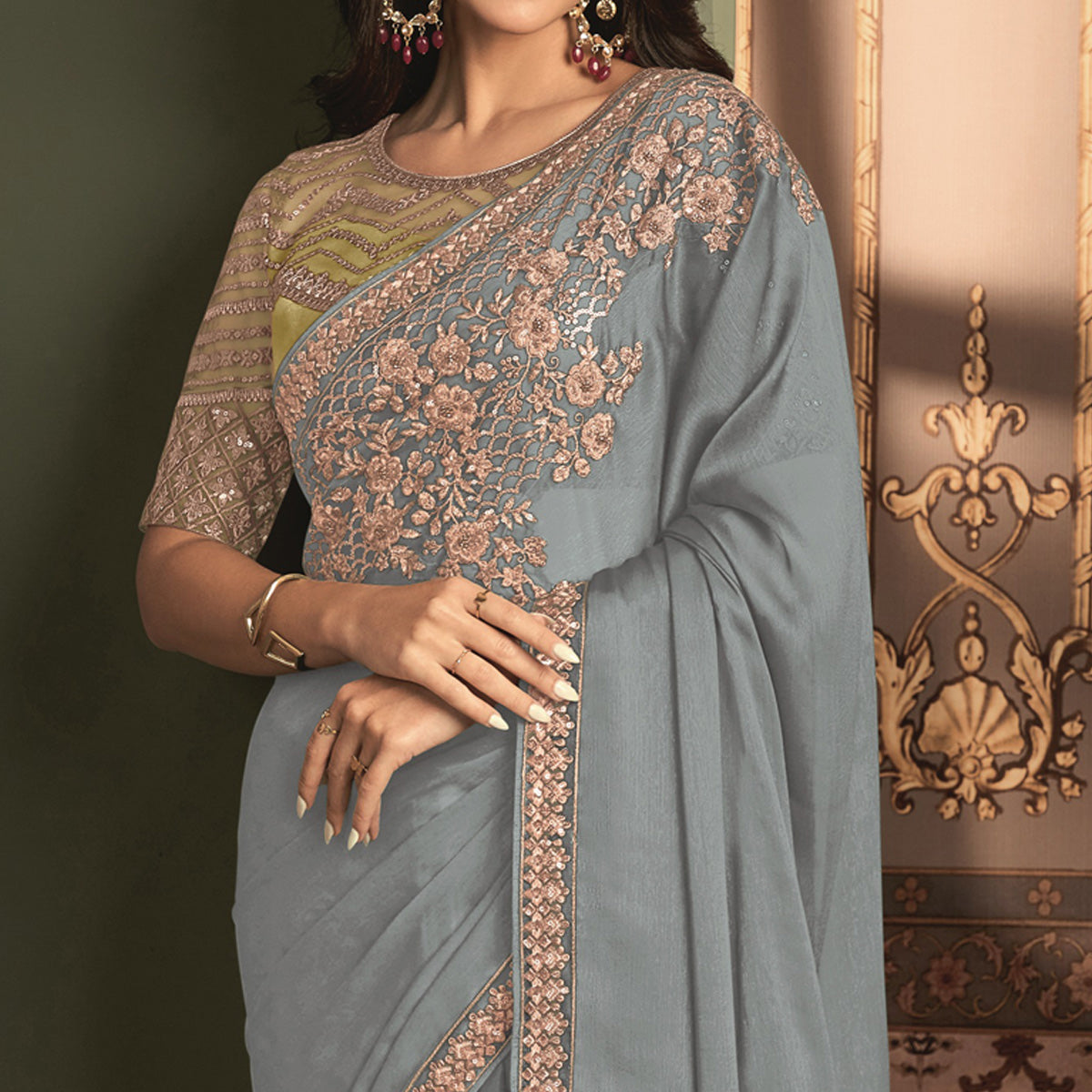 Bluish Grey Floral Sequins Embroidered Satin Saree