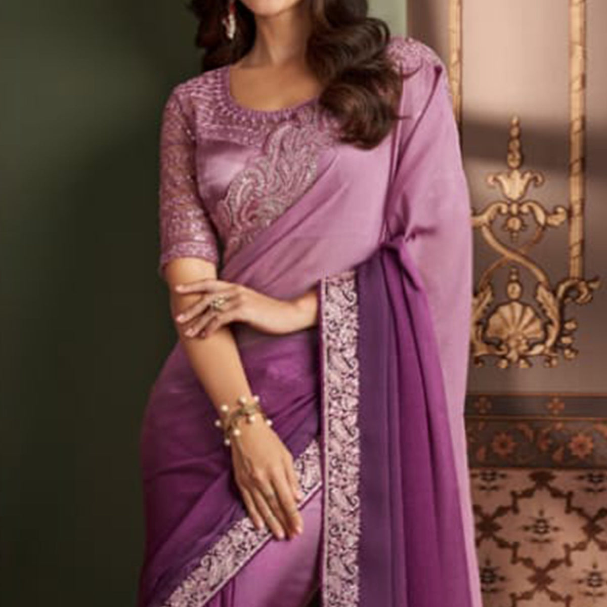 Purple & Lavender Embroidered Chiffon Ombre Saree