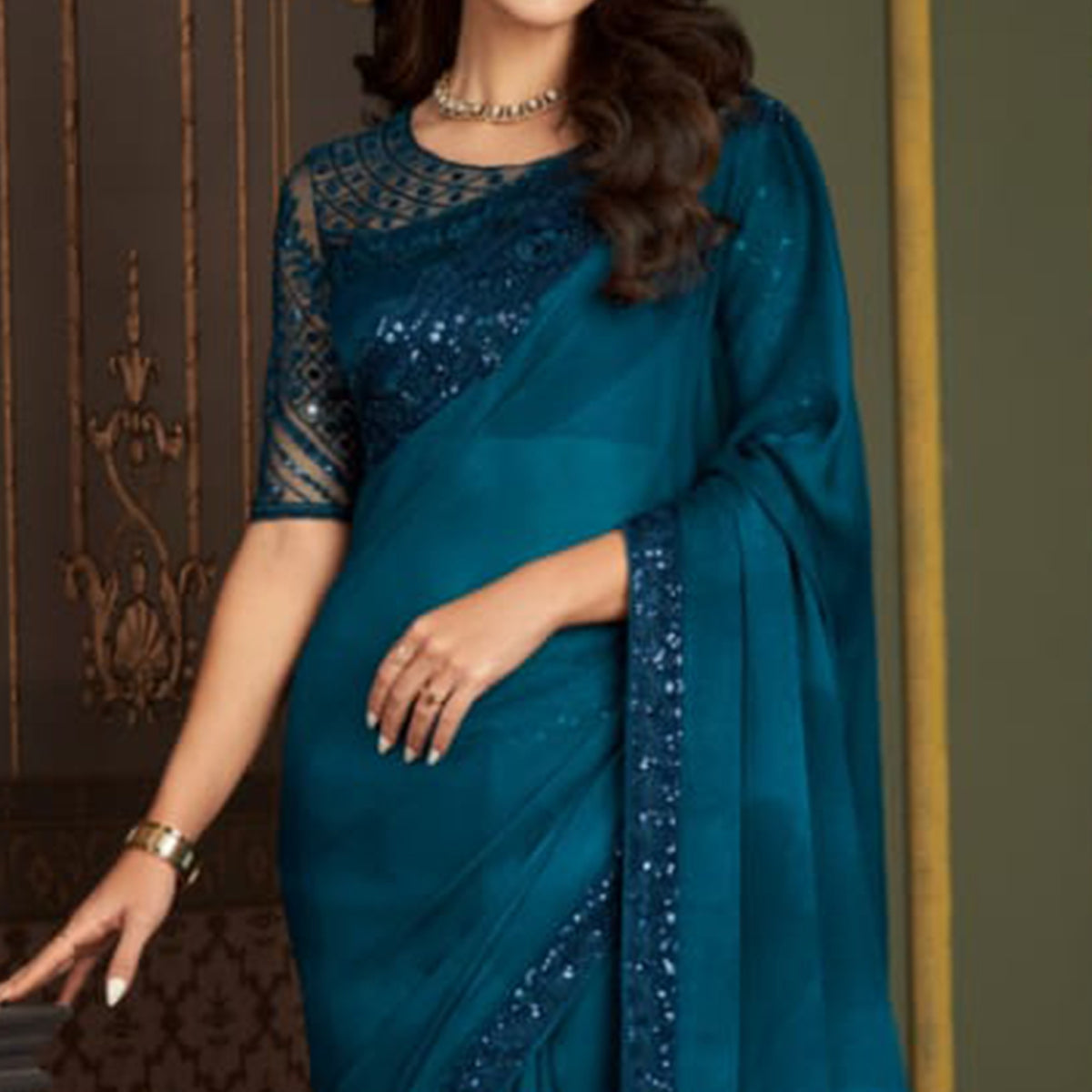 Teal Blue Embroidered Chiffon Saree