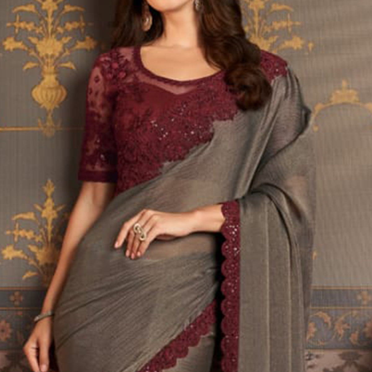 Dark Grey Embroidered Satin Saree