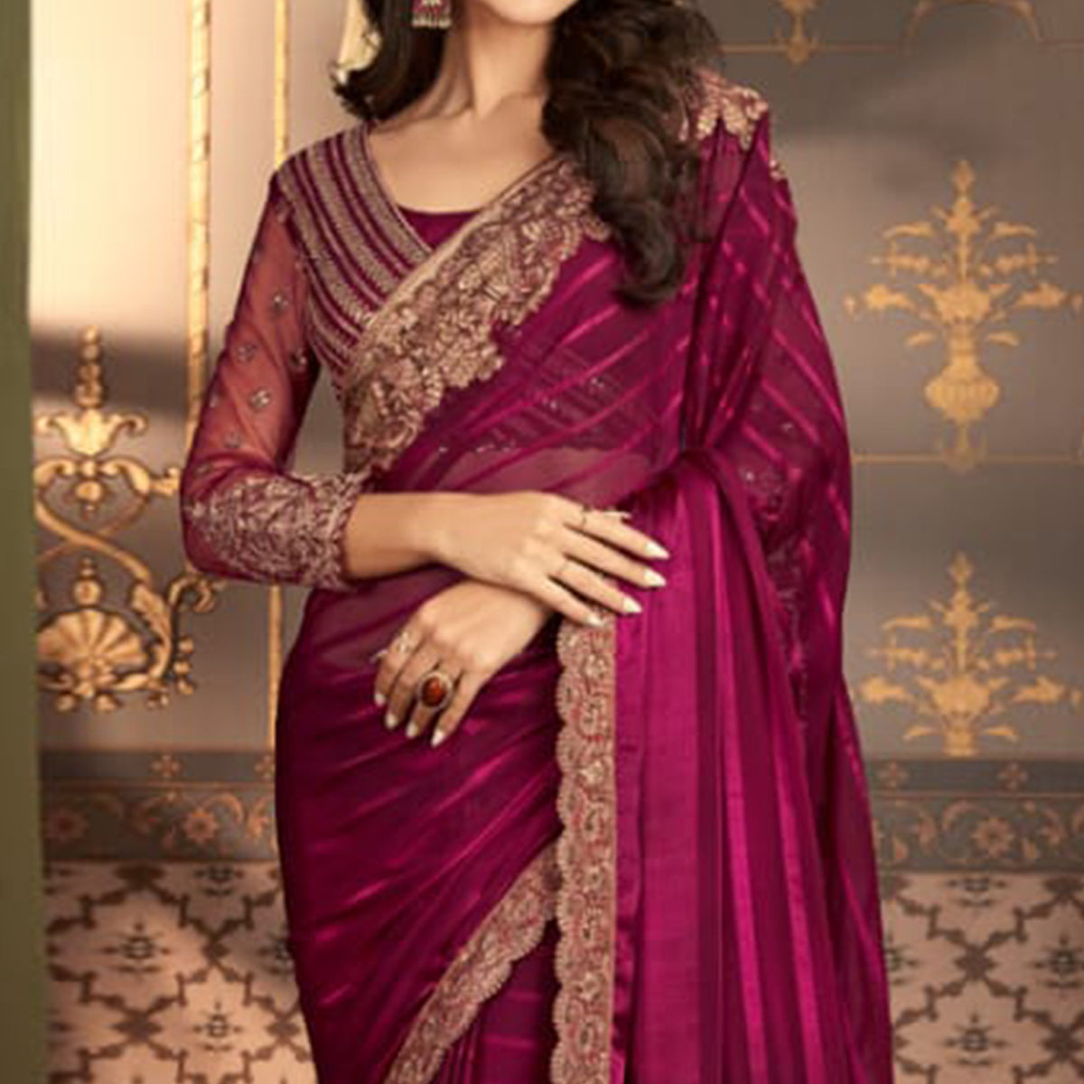 Magenta Embroidered Satin Saree