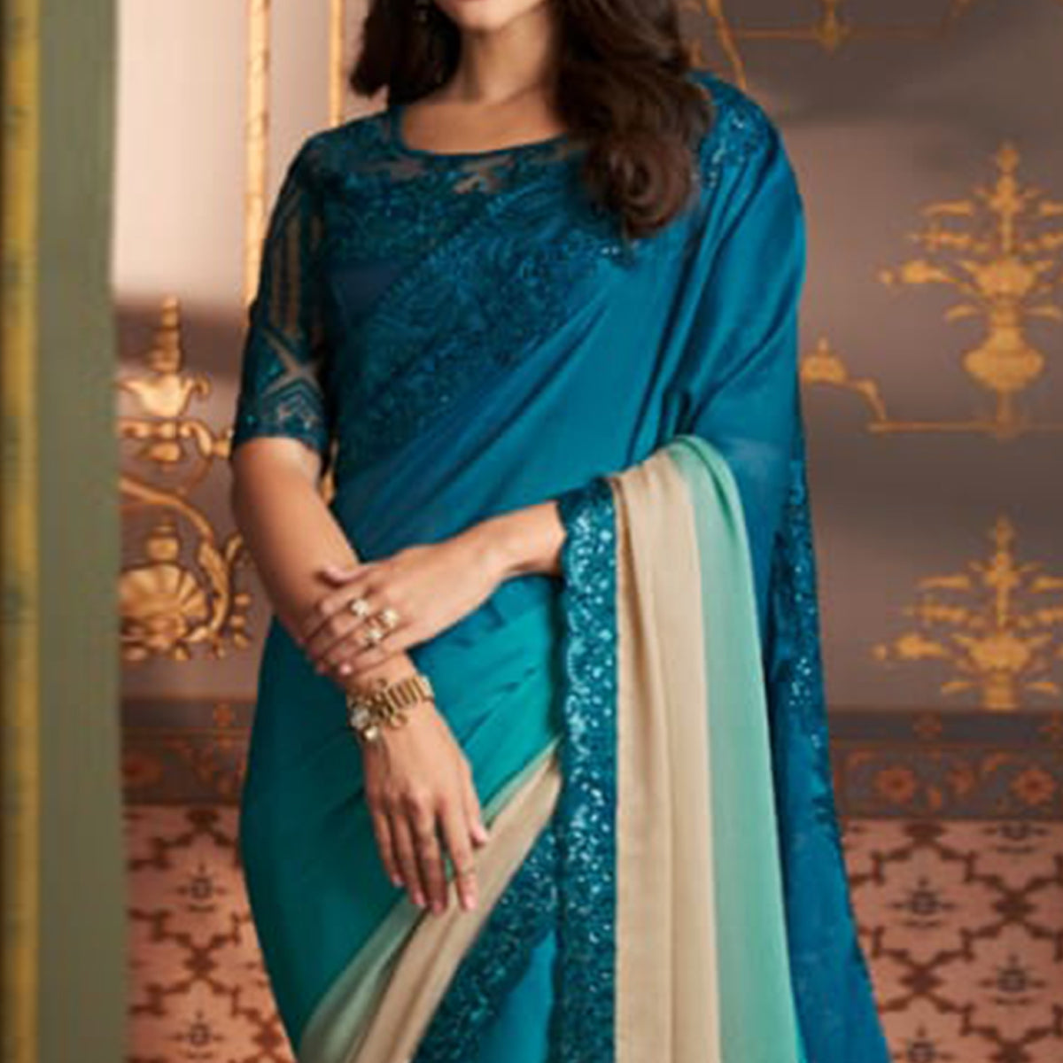 Teal Blue & Beige Embroidered Chiffon Ombre Saree