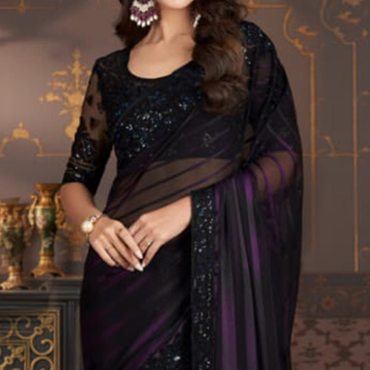 Black & Purple Embroidered Satin Saree